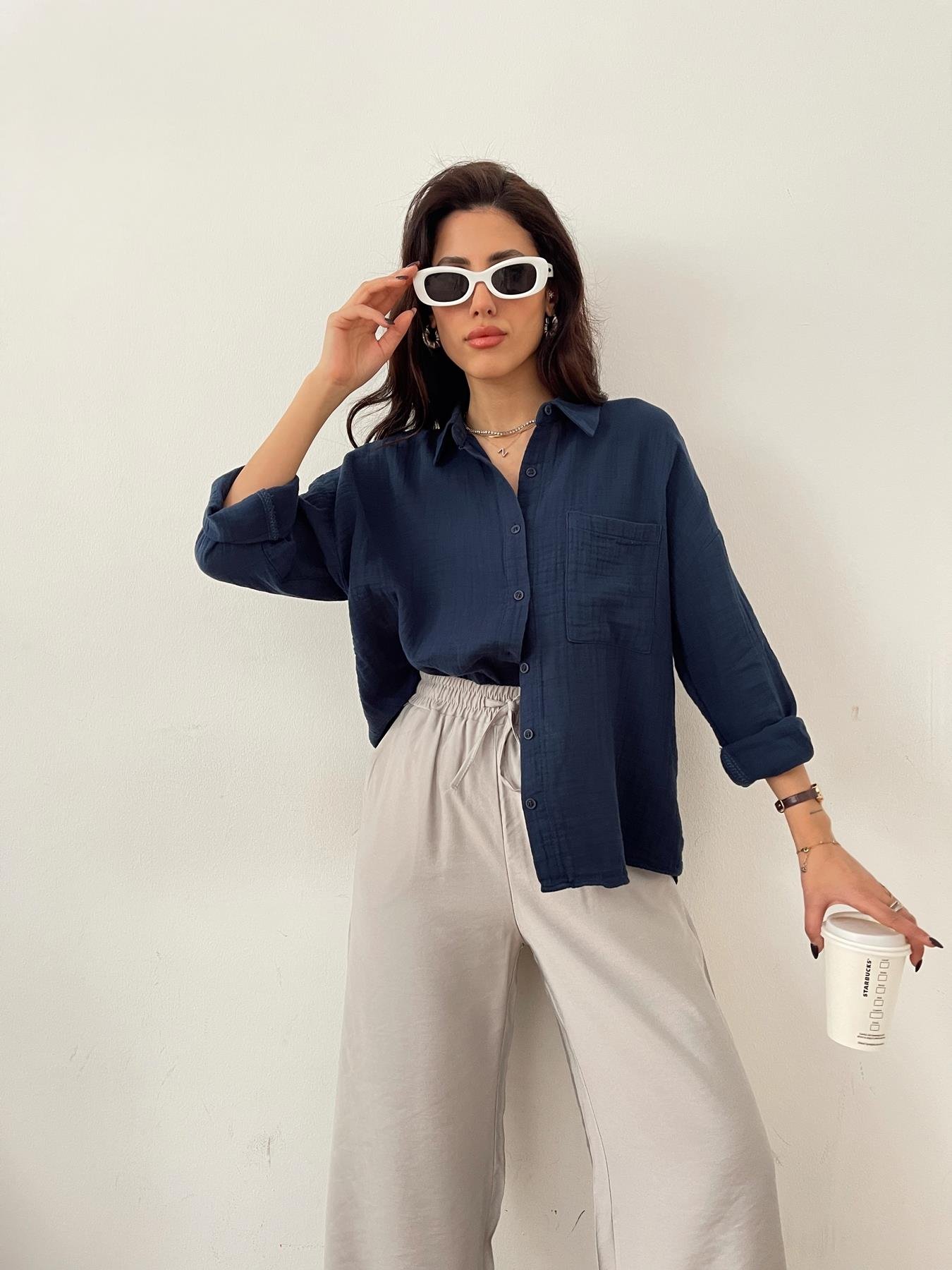 Cepli Keten Gömlek LACİVERT