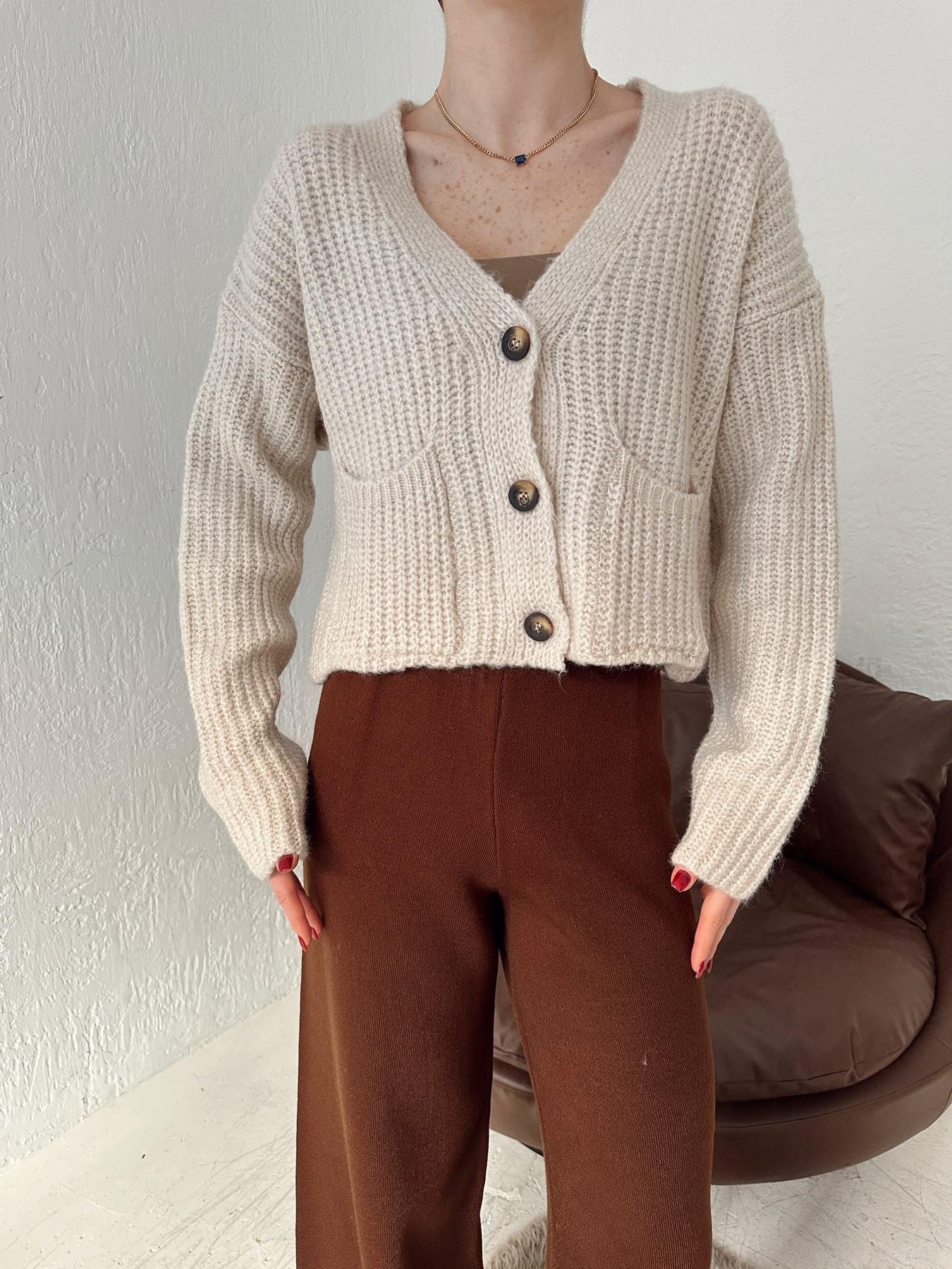 Cepli Selanik Örgü Kısa Hırka TAŞ