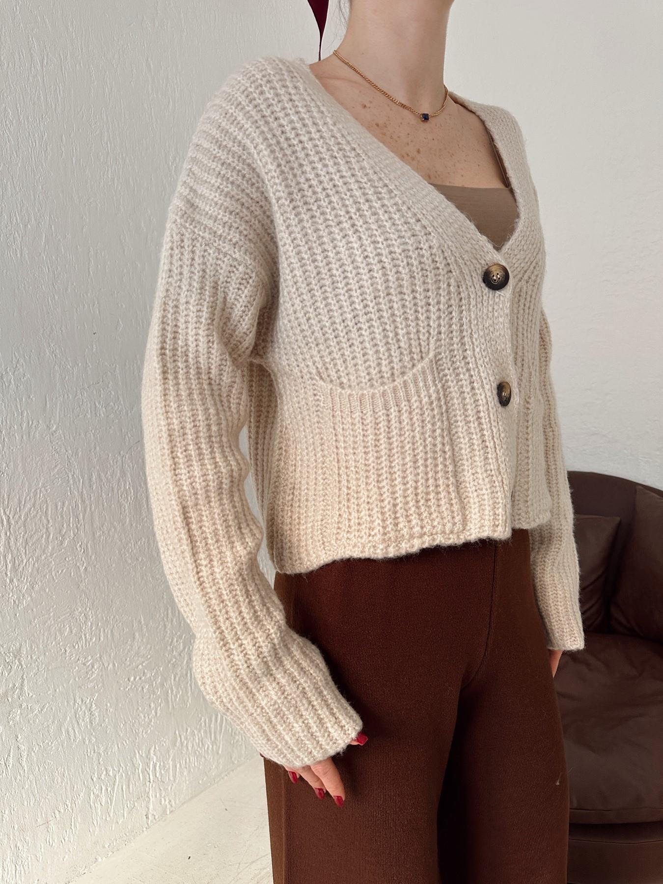 Cepli Selanik Örgü Kısa Hırka TAŞ