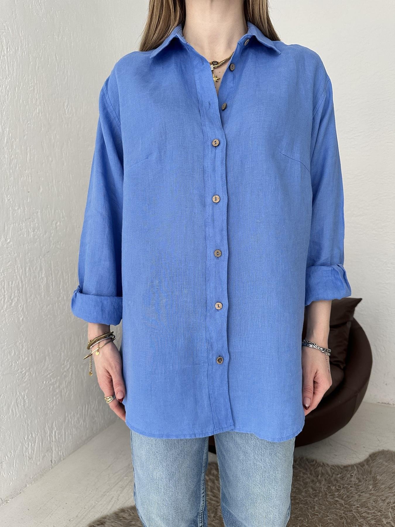 Cepsiz Keten Gömlek İndigo