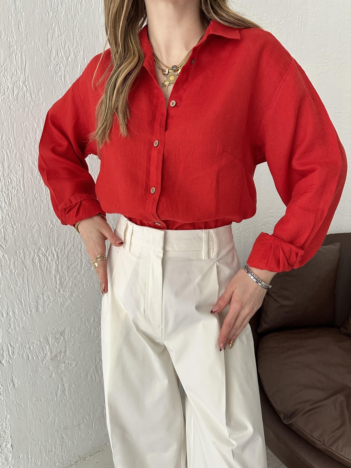 Cepsiz Keten Gömlek Kırmızı