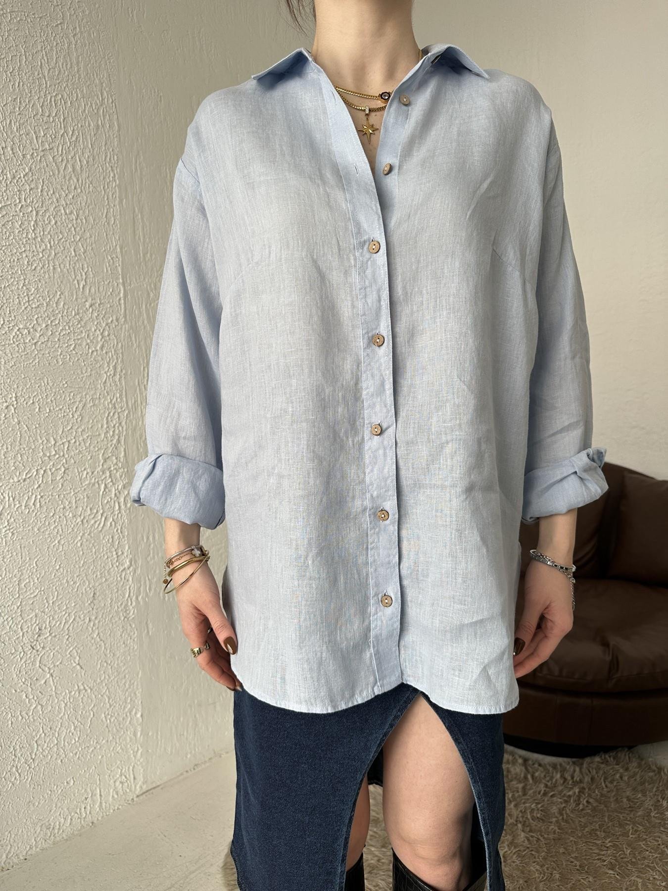 Cepsiz Keten Gömlek MAVİ