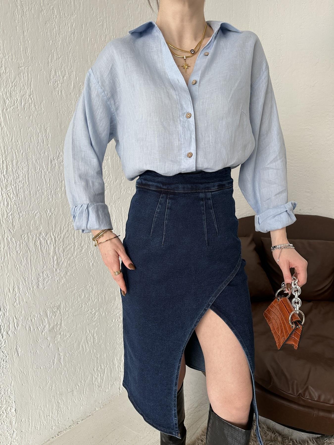 Cepsiz Keten Gömlek MAVİ