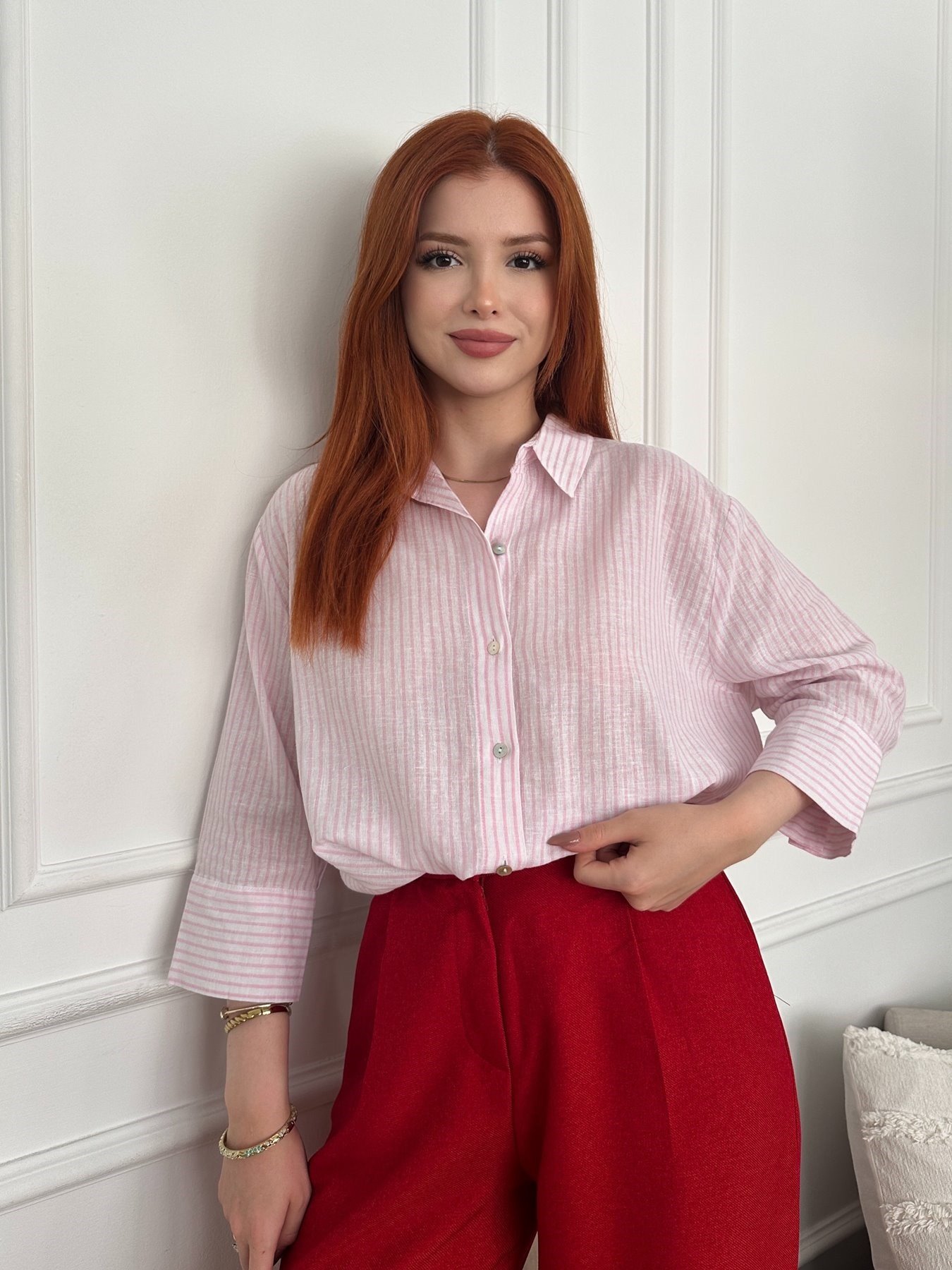 Cepsiz Keten Gömlek Pembe-beyaz
