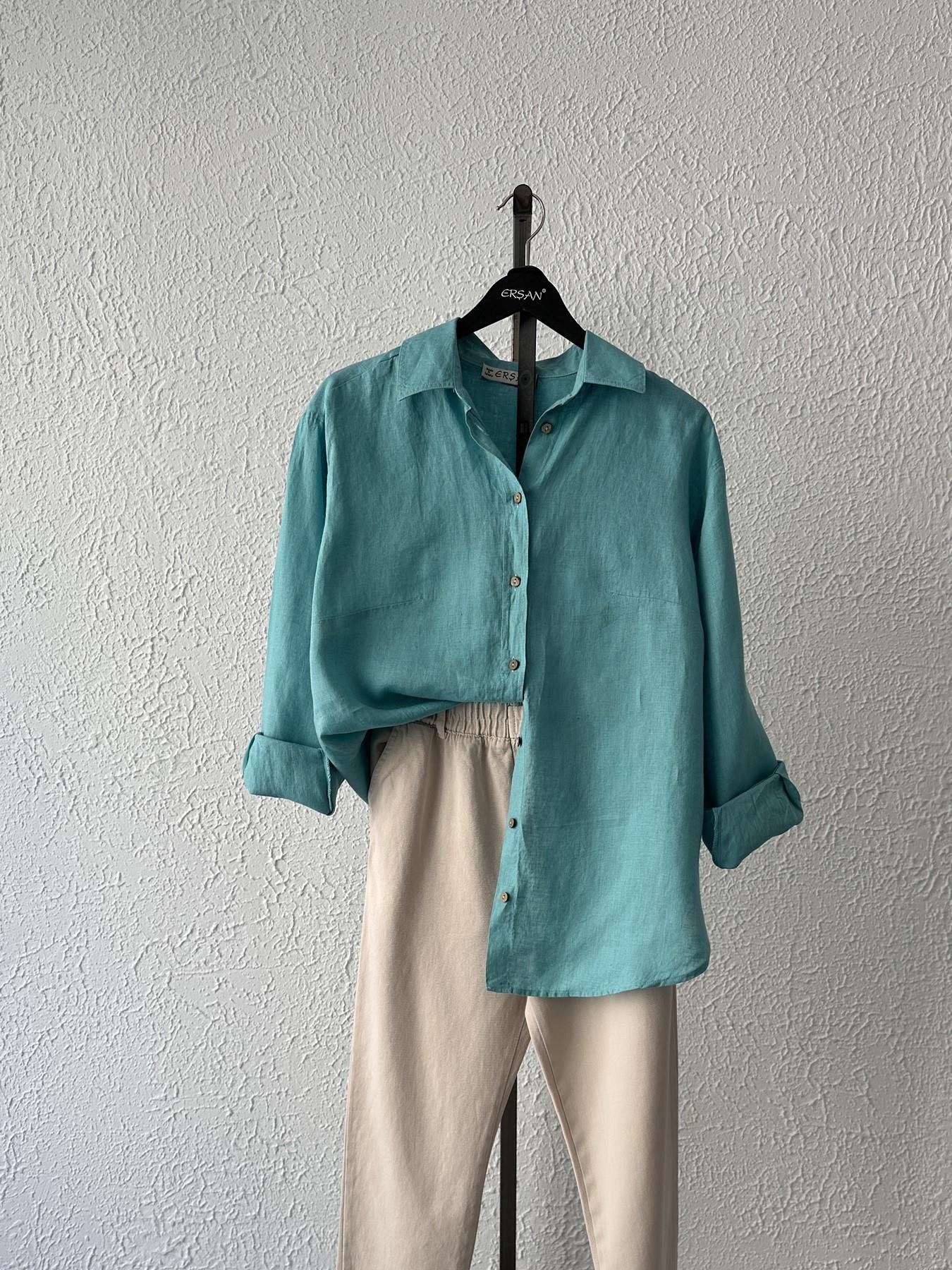 Cepsiz Keten Gömlek Turkuaz