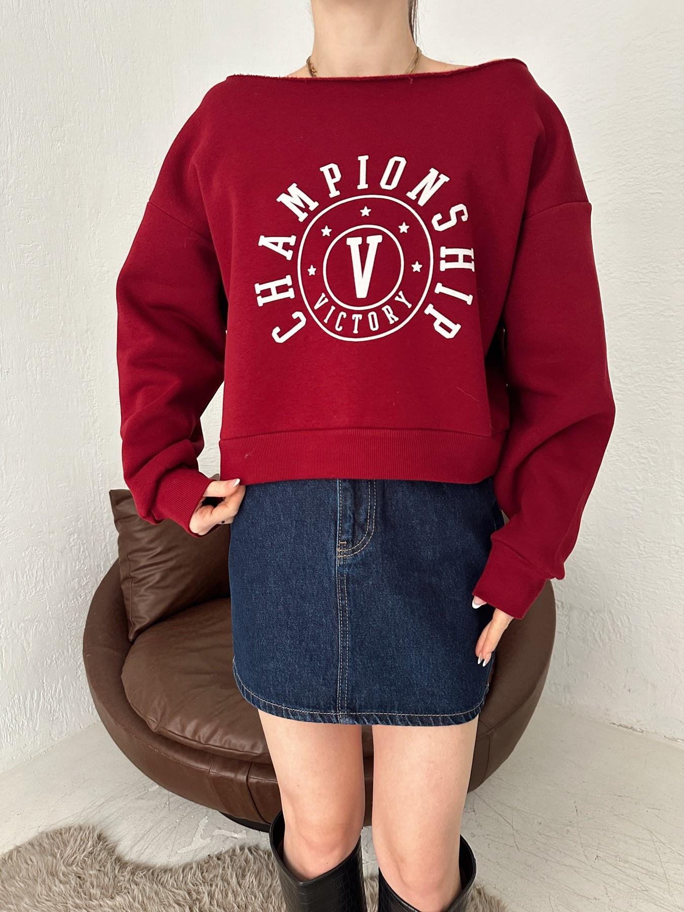 Championship Baskılı Crop Sweatshirt BORDO