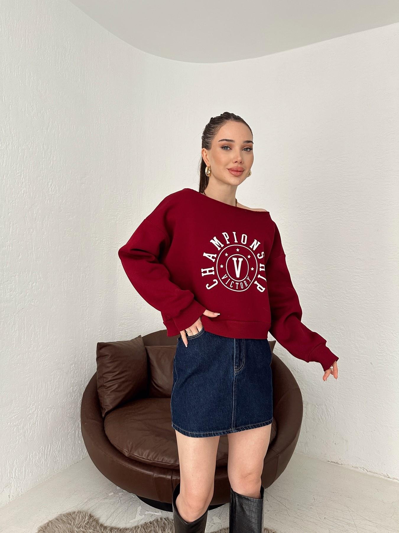 Championship Baskılı Crop Sweatshirt BORDO