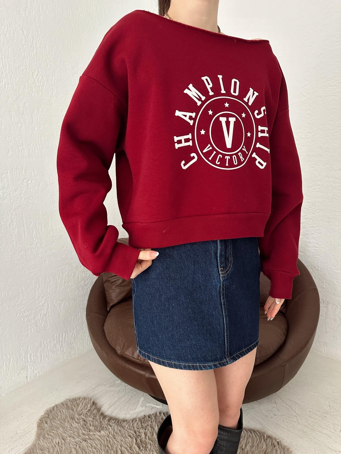Championship Baskılı Crop Sweatshirt BORDO