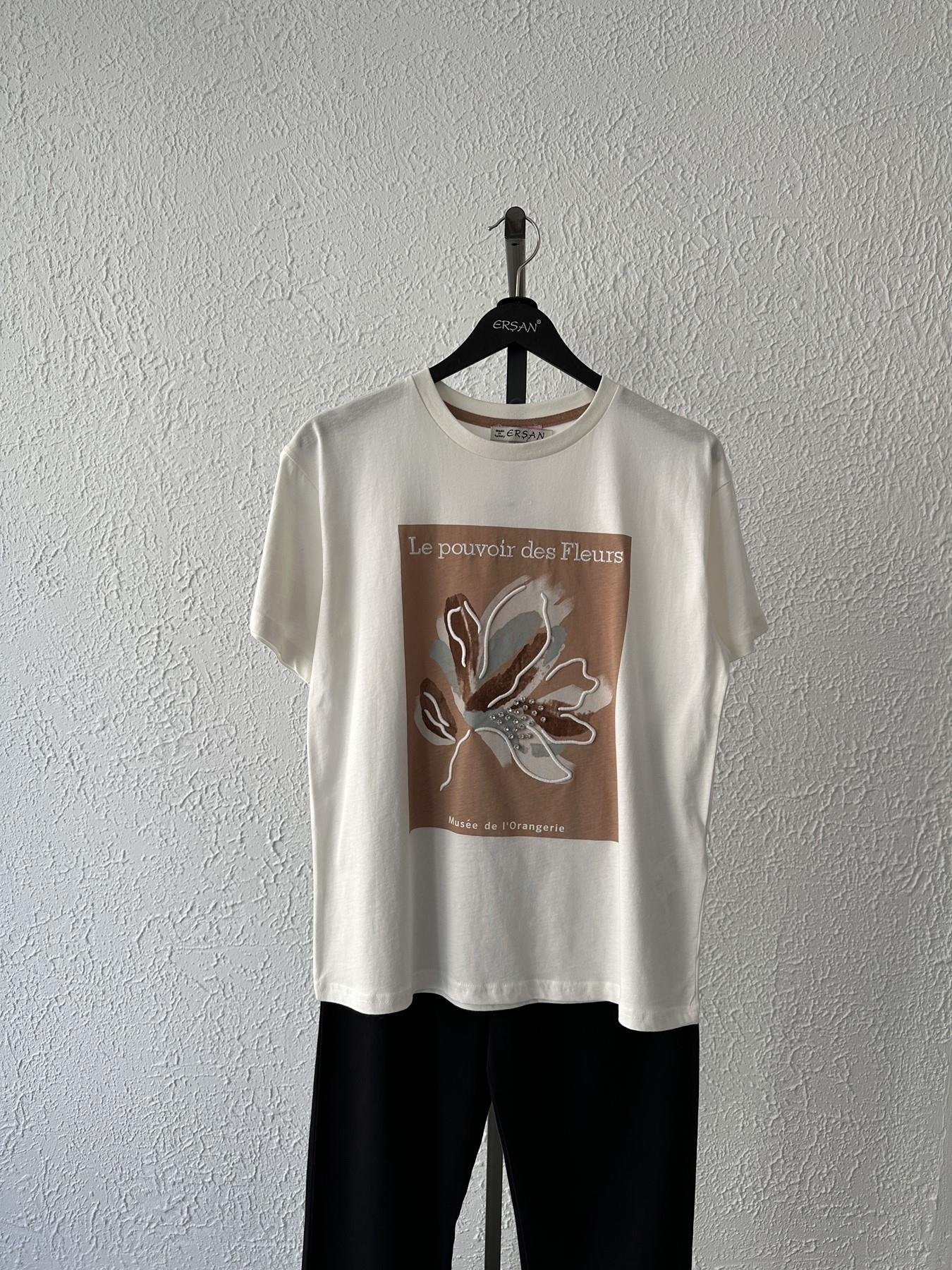 Çicek Nakışlı Tişört Ekru-açık kahve