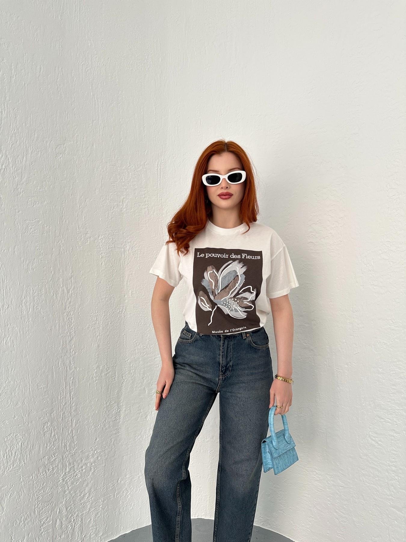 Çicek Nakışlı Tişört Ekru-kahve