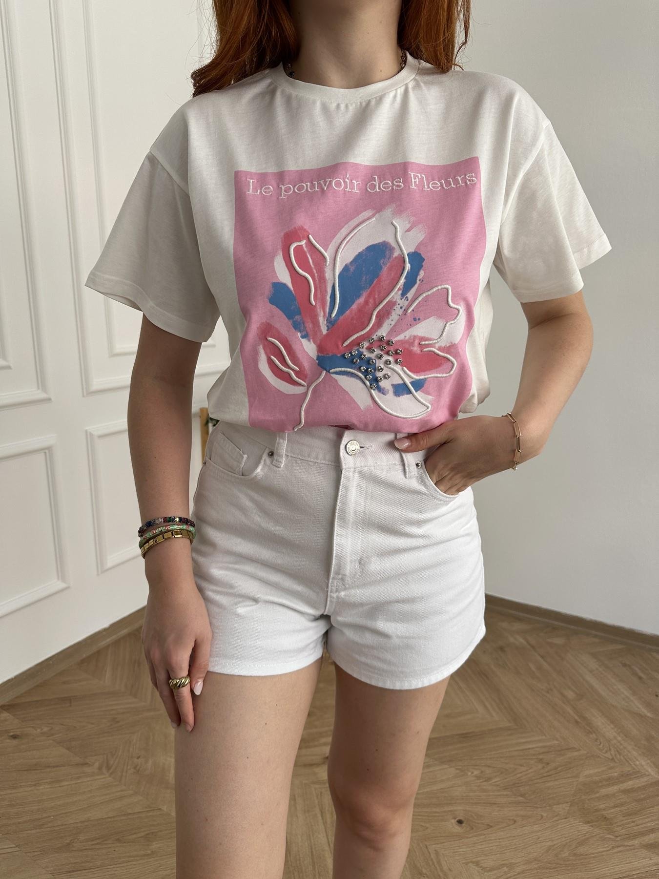 Çicek Nakışlı Tişört Ekru-pembe