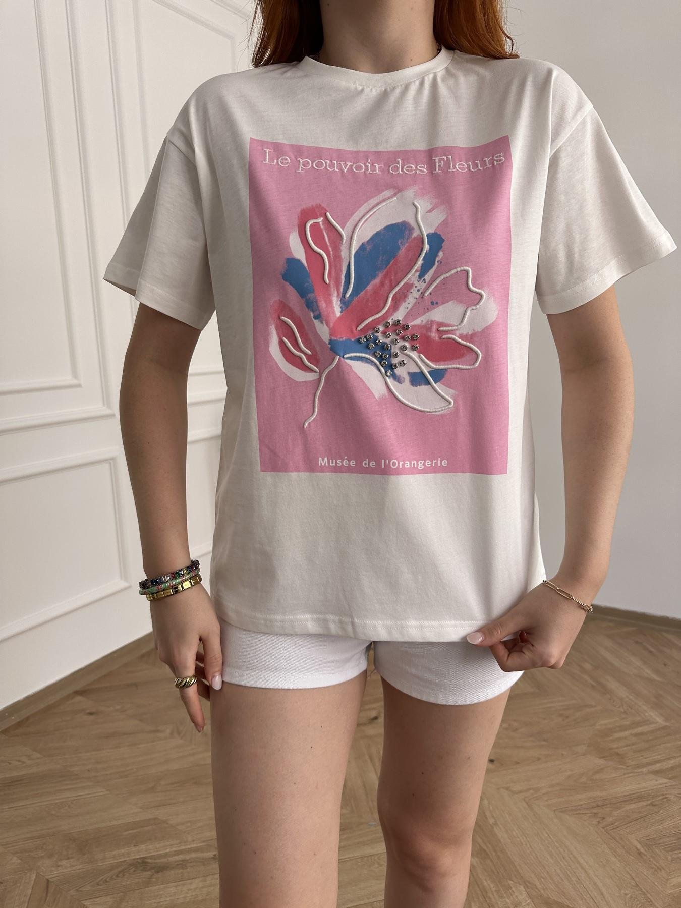 Çicek Nakışlı Tişört Ekru-pembe