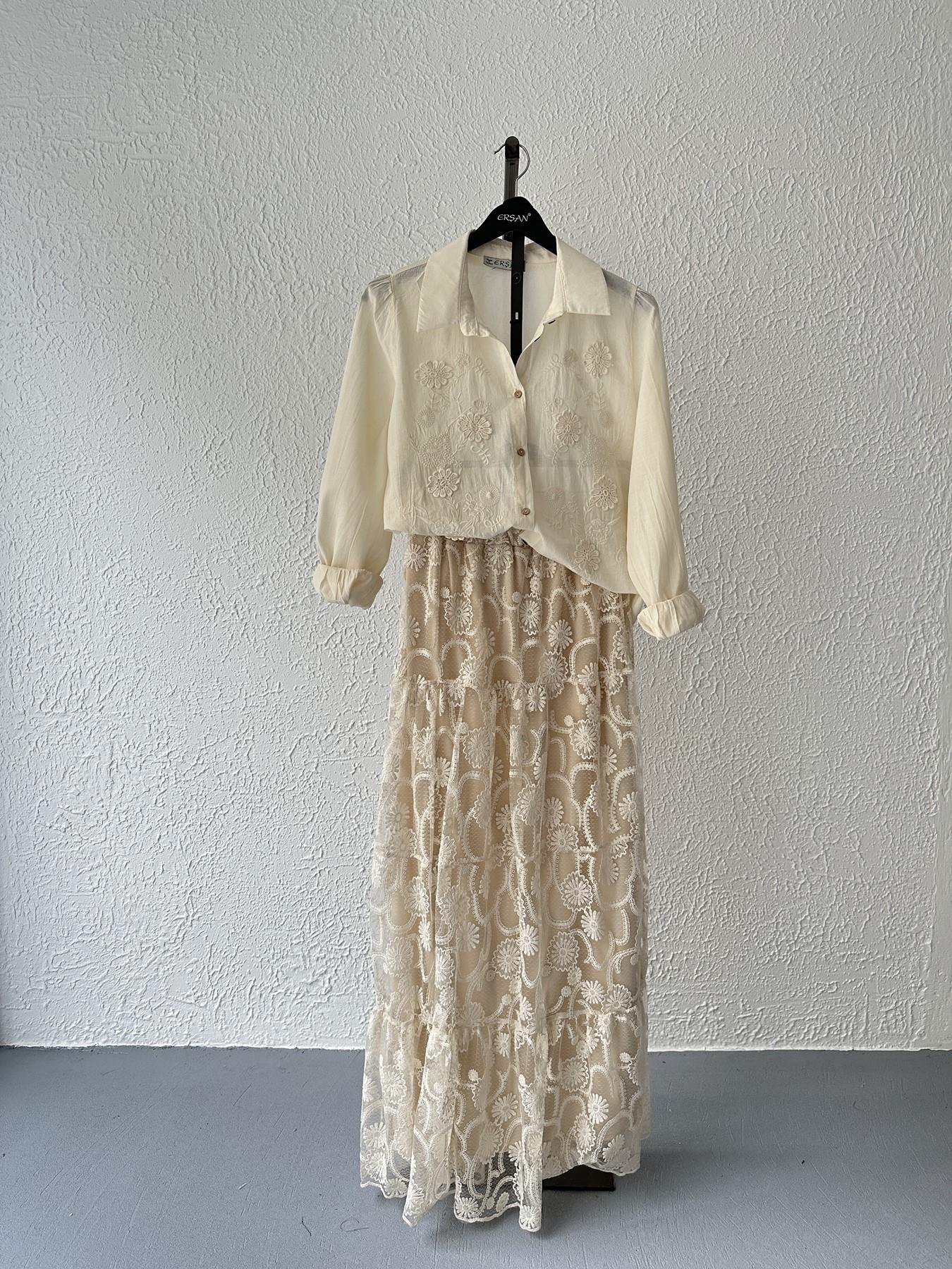 Çiçek Nakışlı Uzun Etek Bej