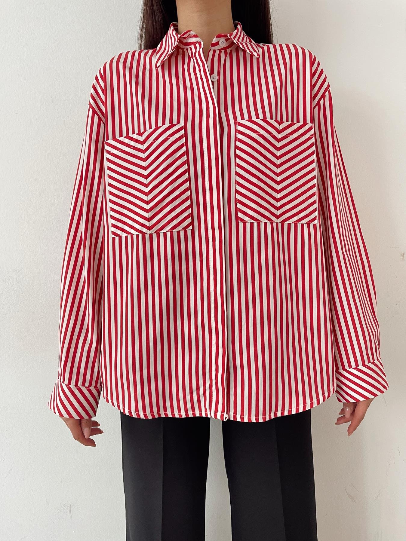 Çift Cep Çizgili Gömlek KIRMIZI