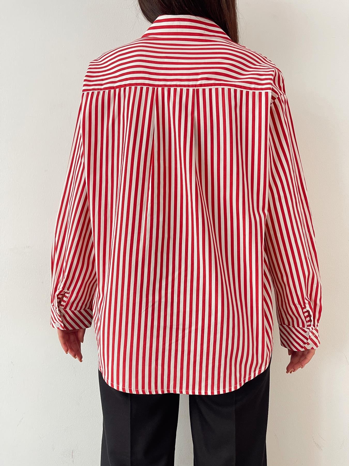 Çift Cep Çizgili Gömlek KIRMIZI