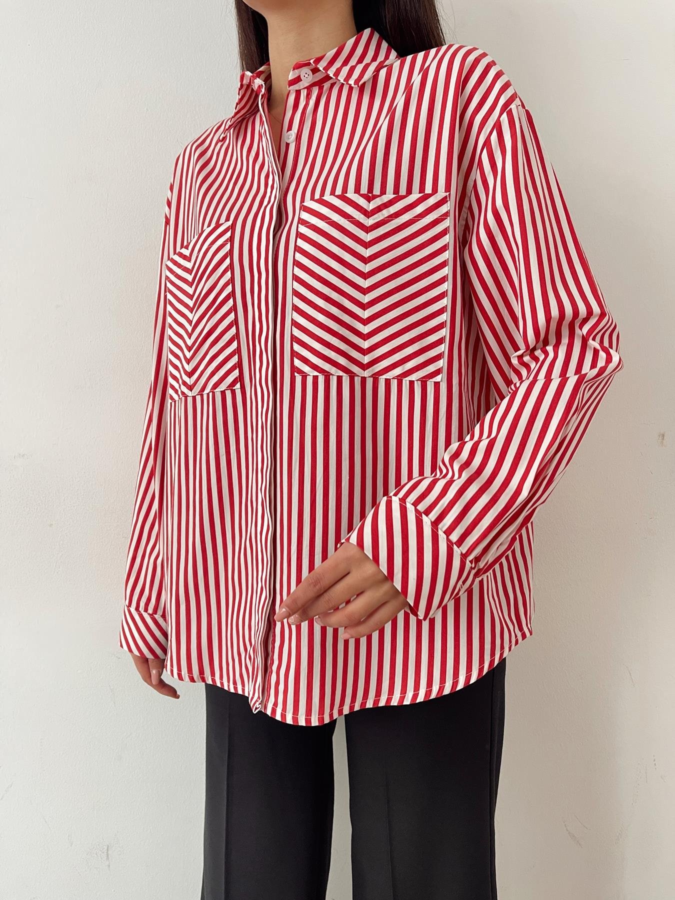 Çift Cep Çizgili Gömlek KIRMIZI