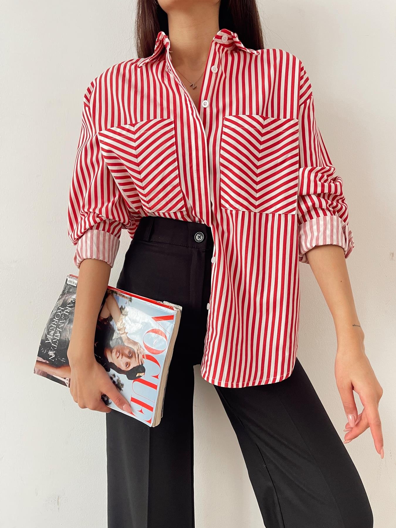 Çift Cep Çizgili Gömlek KIRMIZI