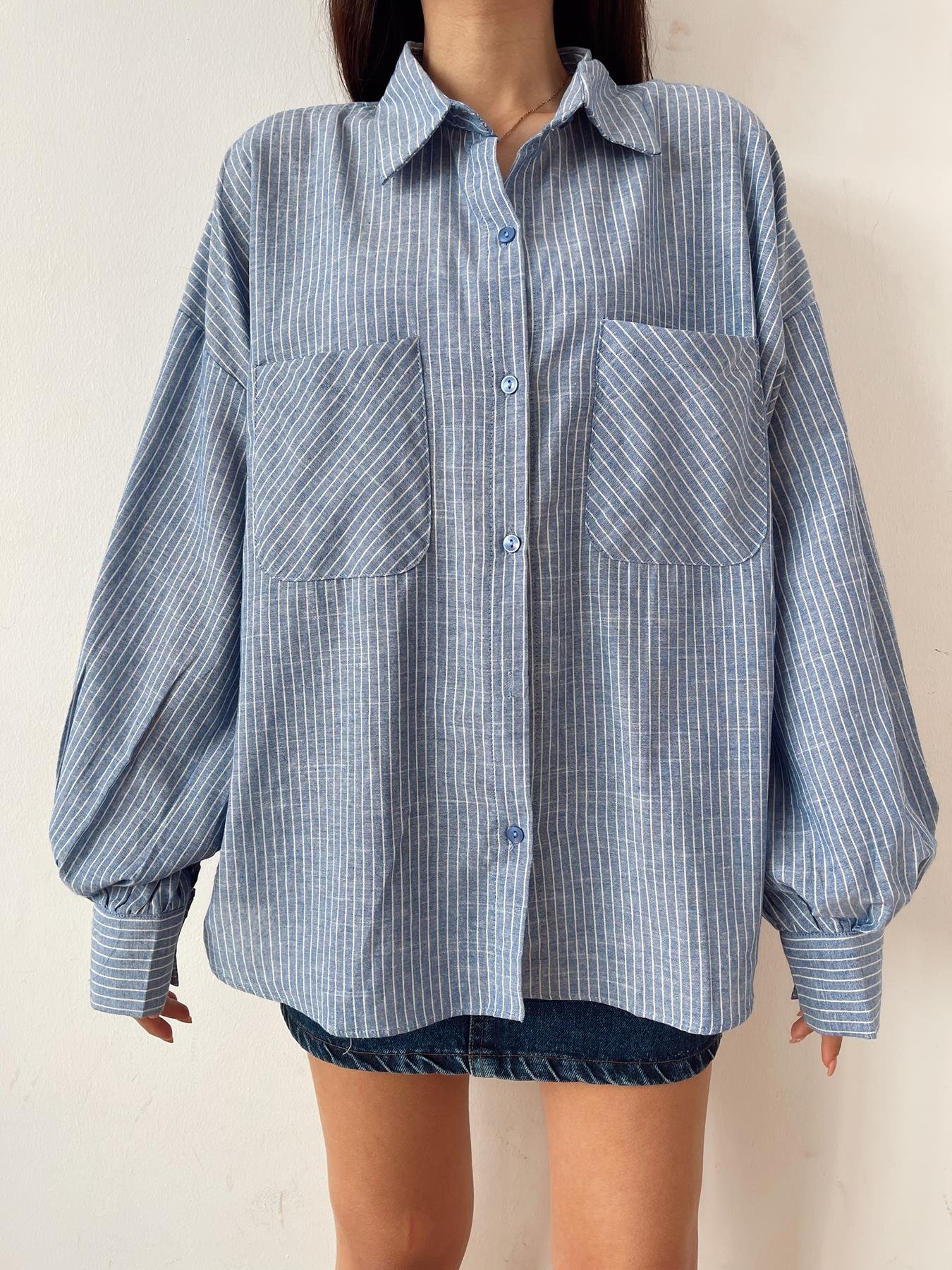 Çift Cep Çizigili Gömlek MAVİ