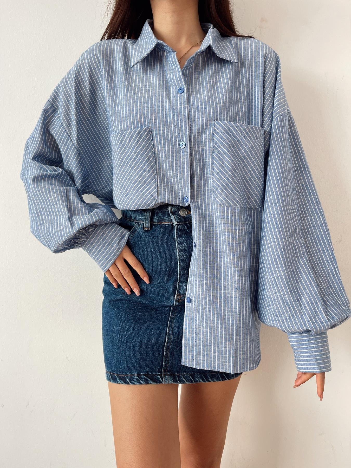 Çift Cep Çizigili Gömlek MAVİ