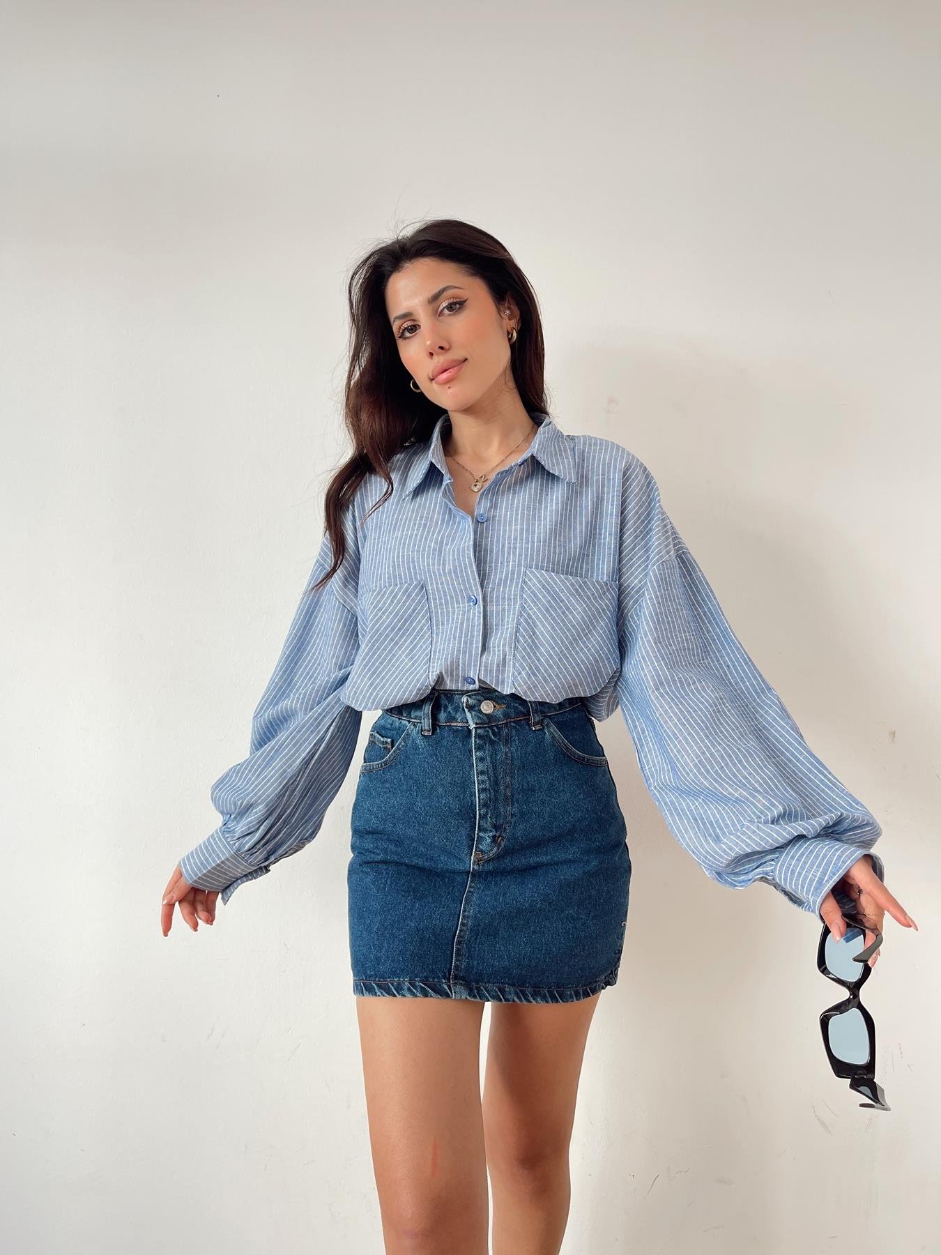 Çift Cep Çizigili Gömlek MAVİ