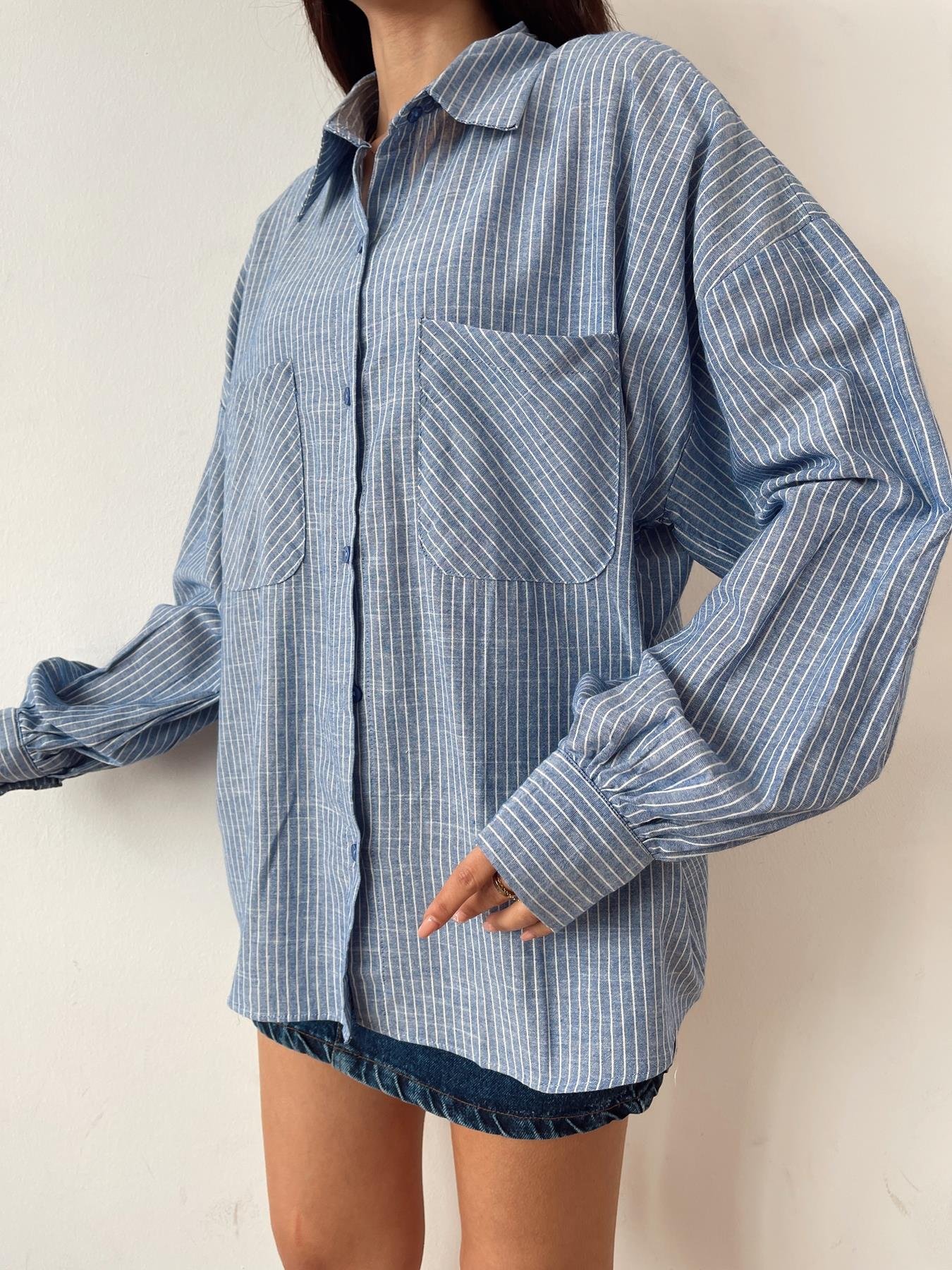 Çift Cep Çizigili Gömlek MAVİ