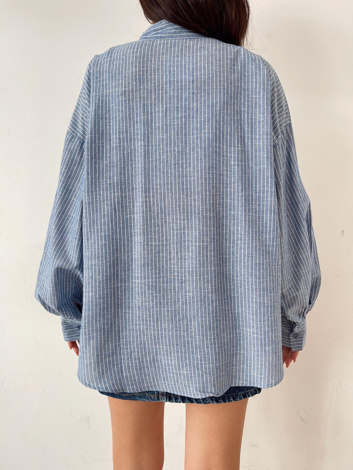 Çift Cep Çizigili Gömlek MAVİ