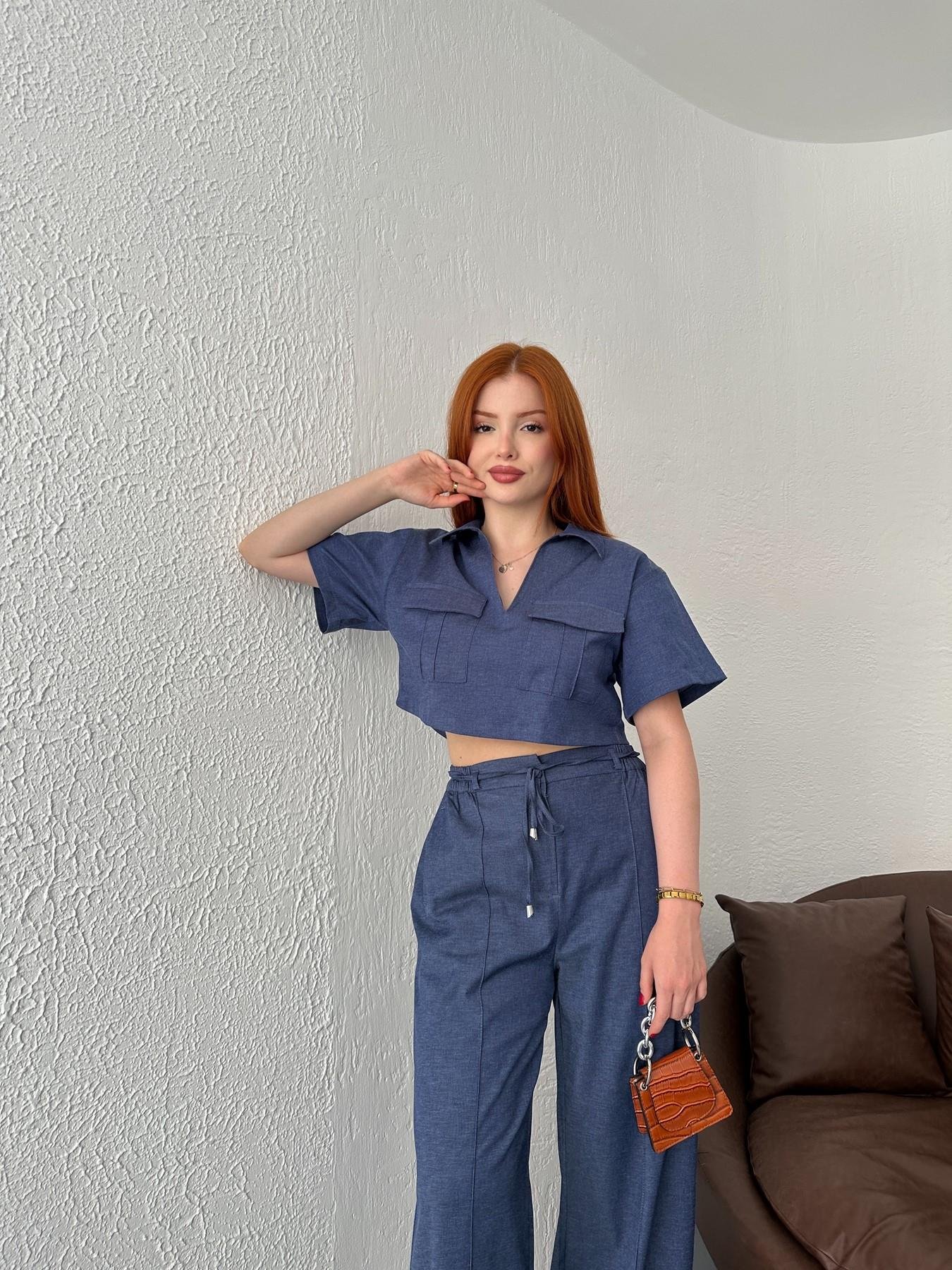 Çift Çepli Crop Bluz İndigo