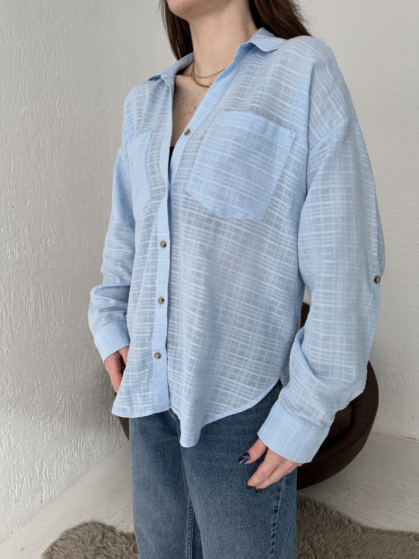 Çift Cepli Kendinden Desenli Gömlek MAVİ