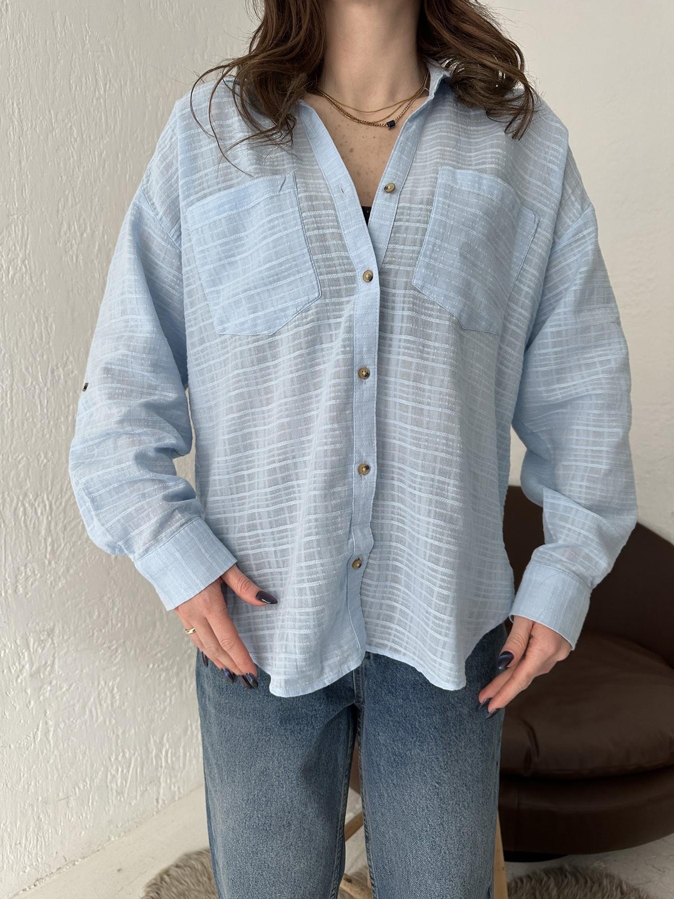 Çift Cepli Kendinden Desenli Gömlek MAVİ