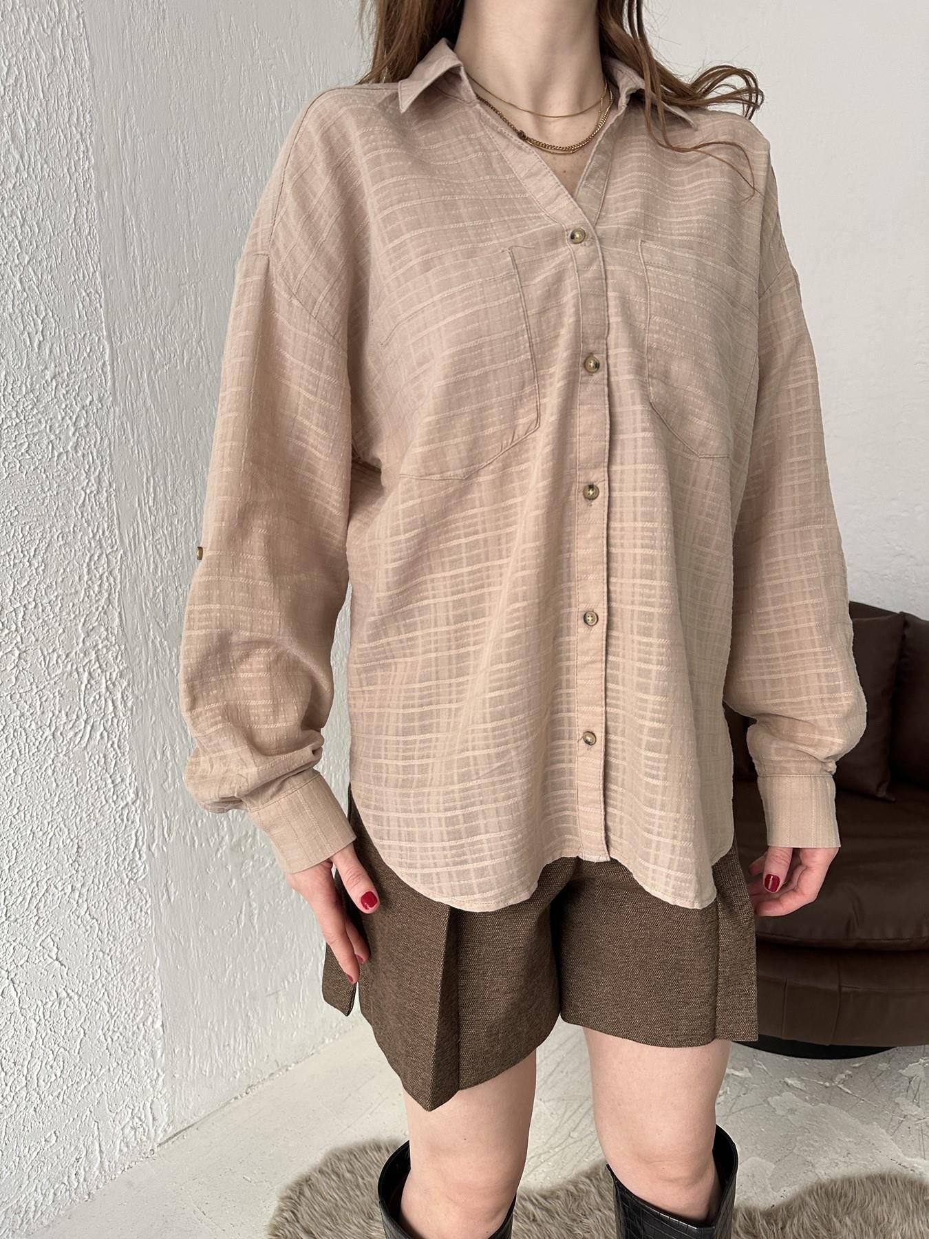 Çift Cepli Kendinden Desenli Gömlek VİZON