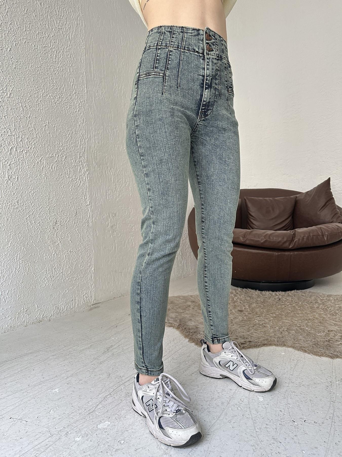 Çift Düğmeli Skinny Pantolon 62 ORTA MAVİ TİNTLİ