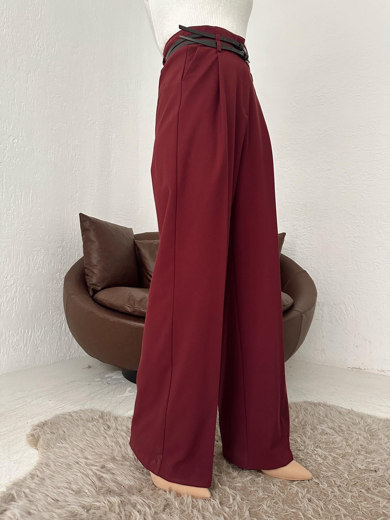 Çift Kemer Bol Paça Pantolon BORDO