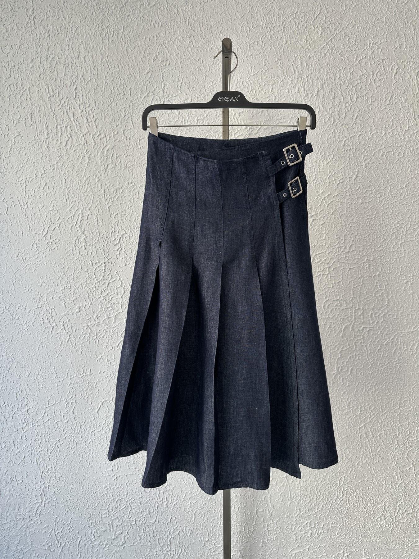 Çift Kemer Detay Denim Etek Lacivert