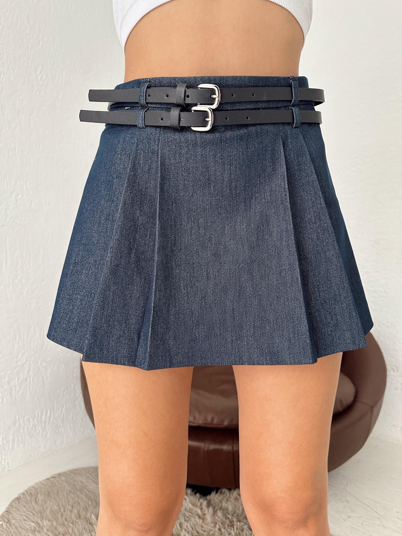 Çift Kemerli Şort Etek LACİVERT