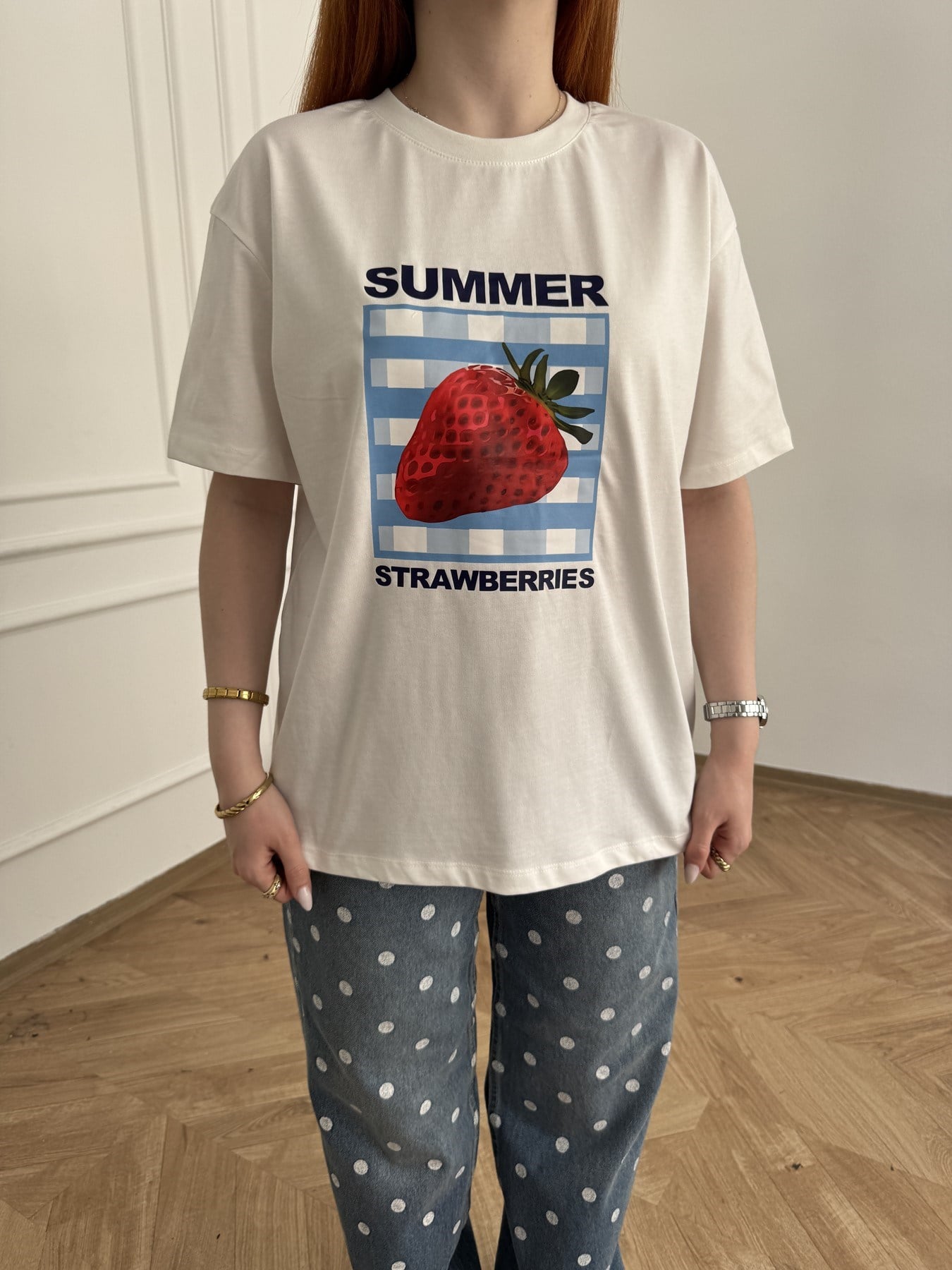 Çilek Baskılı T-shirt Ekru