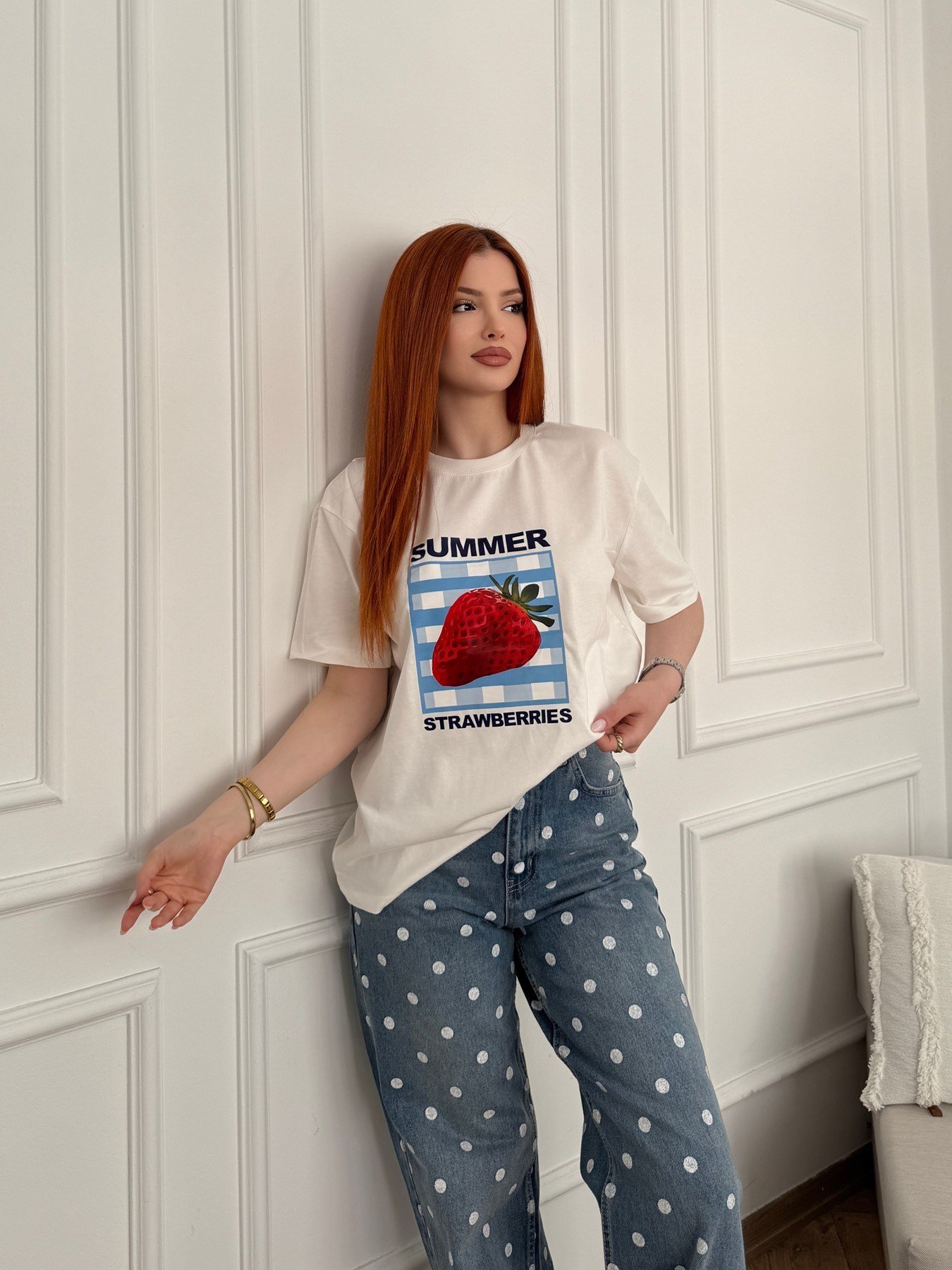 Çilek Baskılı T-shirt Ekru