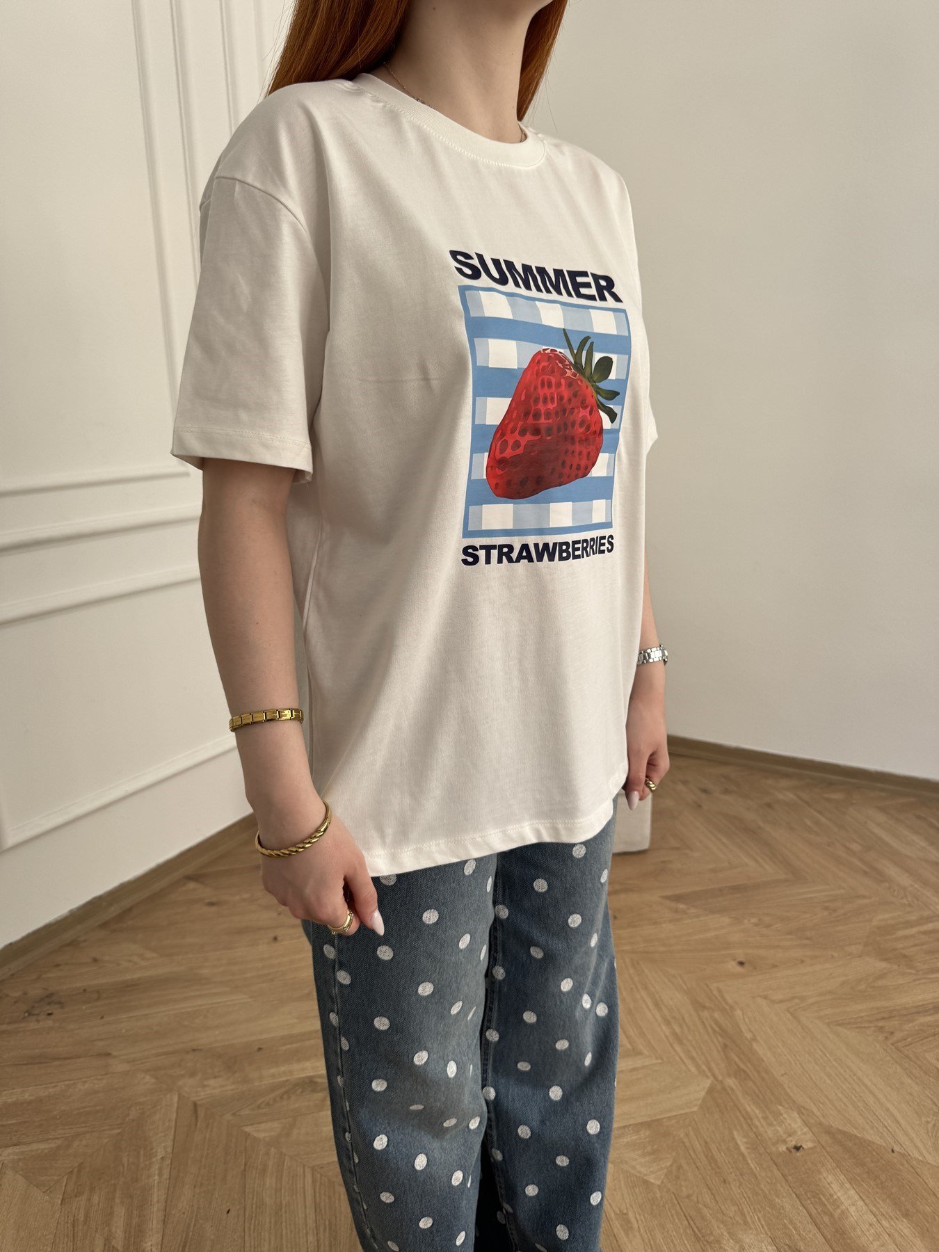 Çilek Baskılı T-shirt Ekru