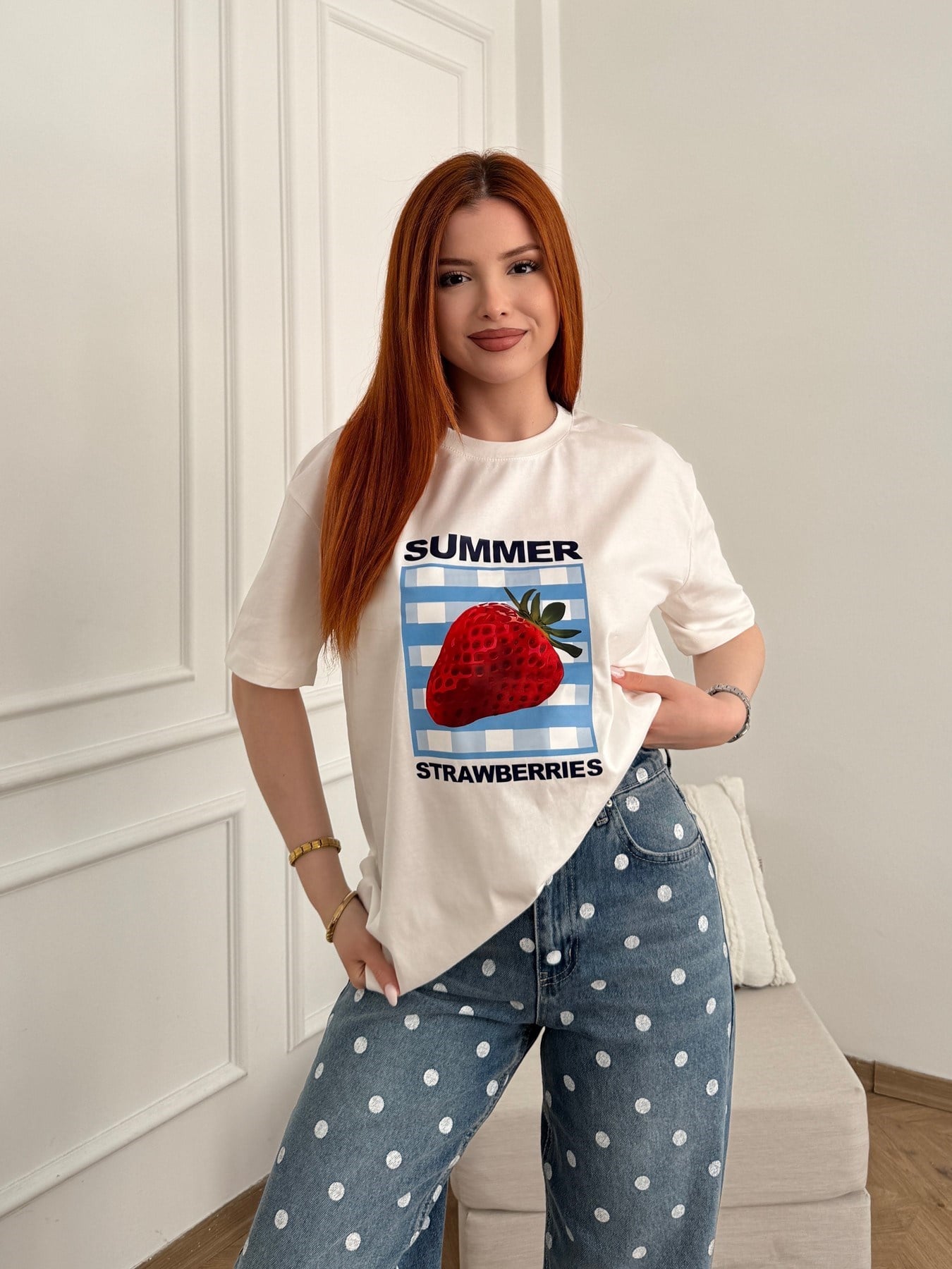 Çilek Baskılı T-shirt Ekru