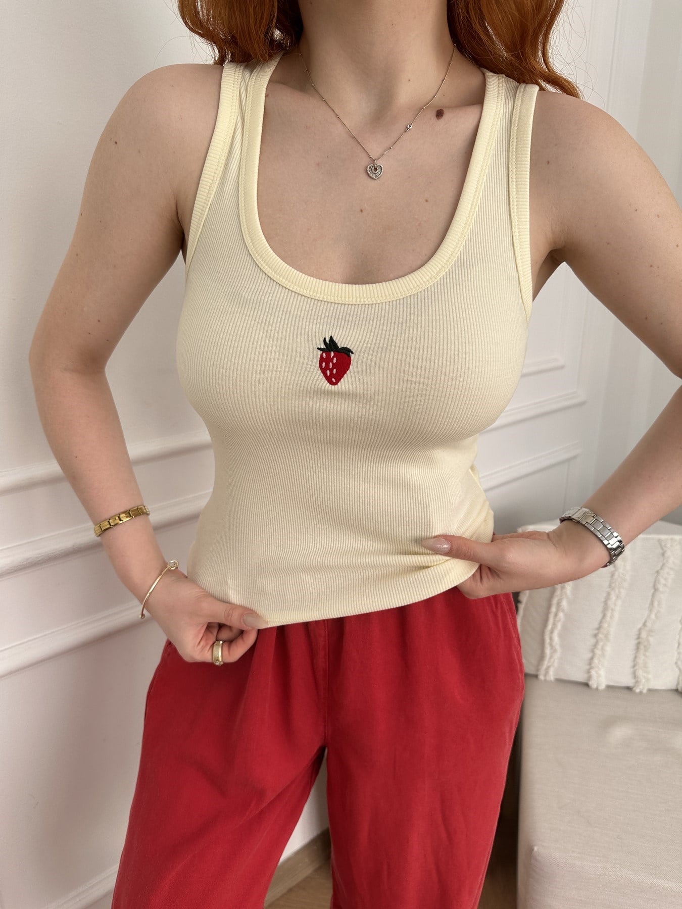 Çilek Nakışlı Ribana Atlet Sarı