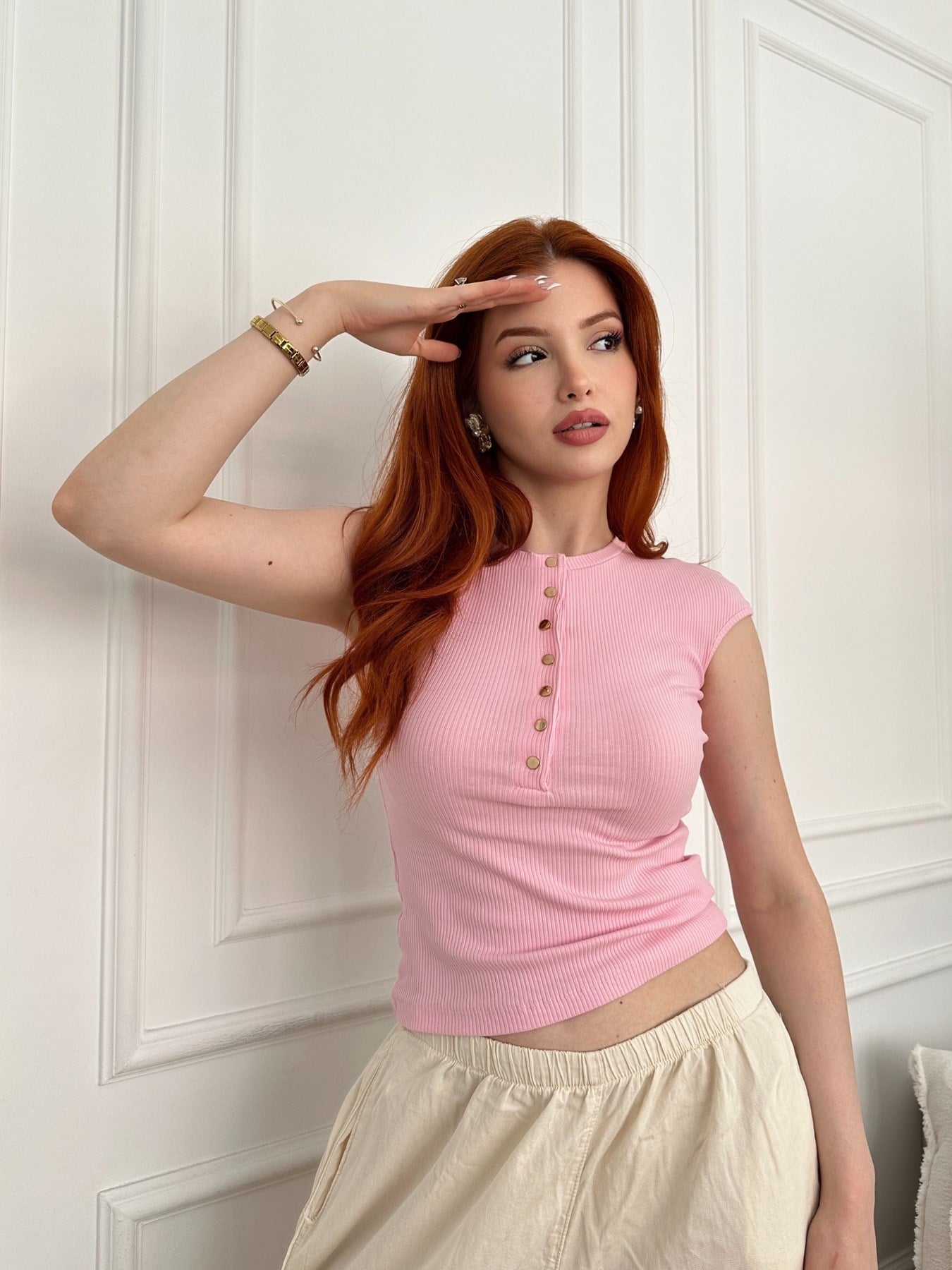 Çıtçıt Düğmeli Kısa Kollu Bluz Toz pembe