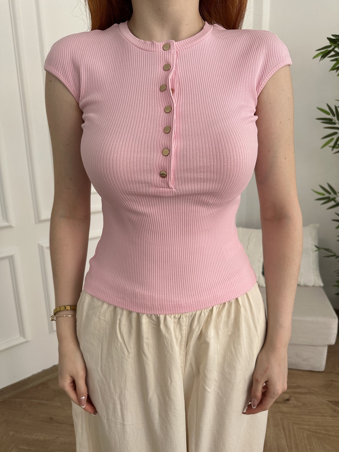Çıtçıt Düğmeli Kısa Kollu Bluz Toz pembe