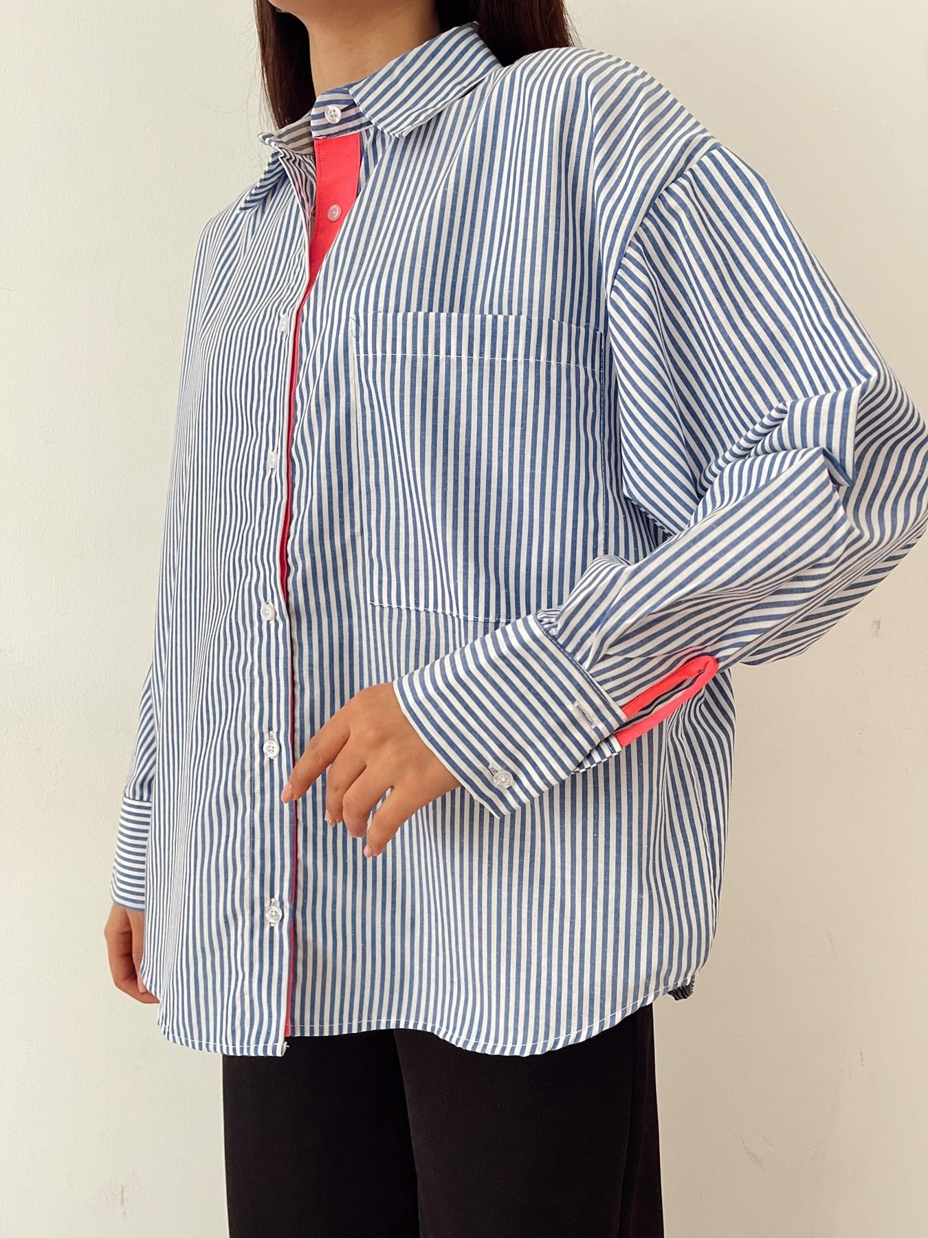 Çizgili Cepli Gömlek MAVİ