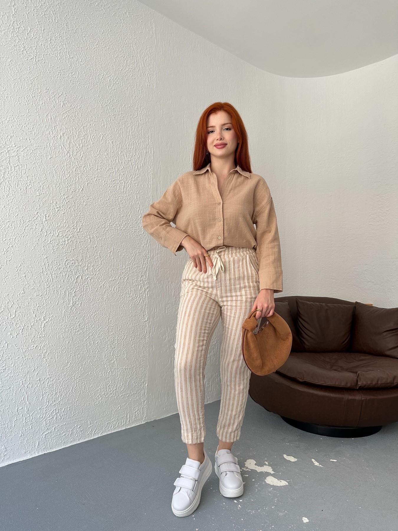 Çizgili Dar Paça Keten Pantolon Taş