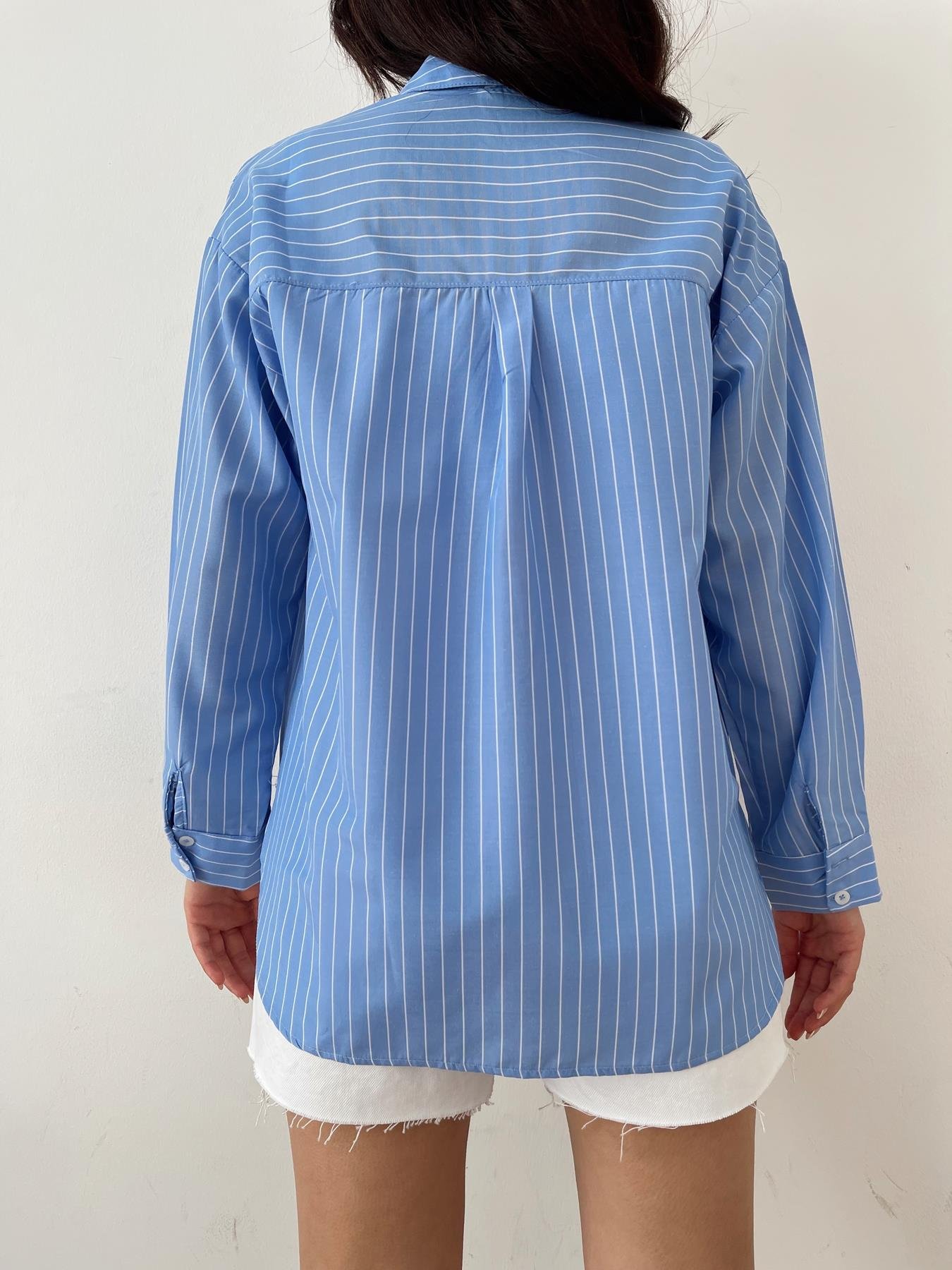 Çizgili Kalp Nakışlı Gömlek MAVİ