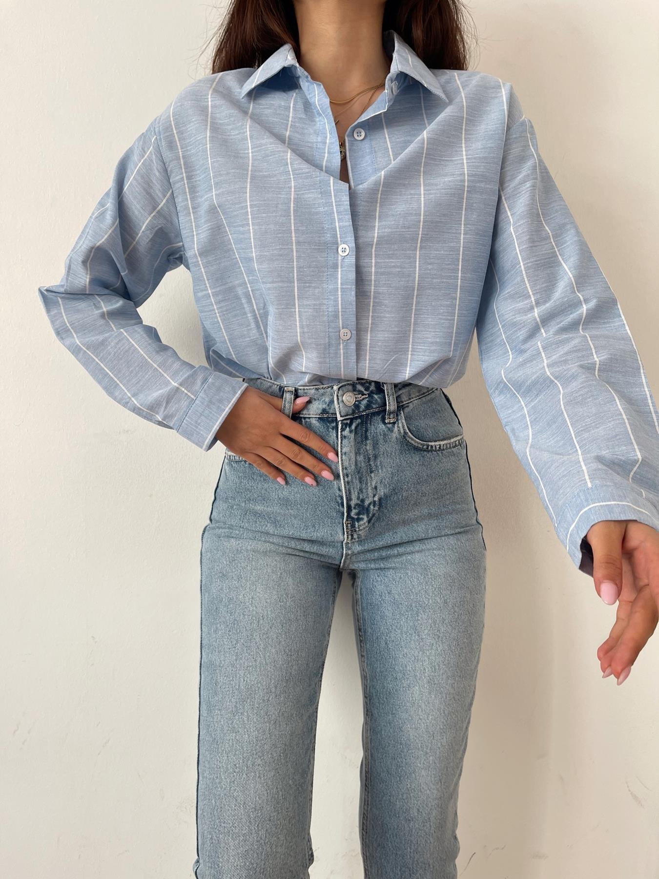 Çizgili Keten Gömlek MAVİ