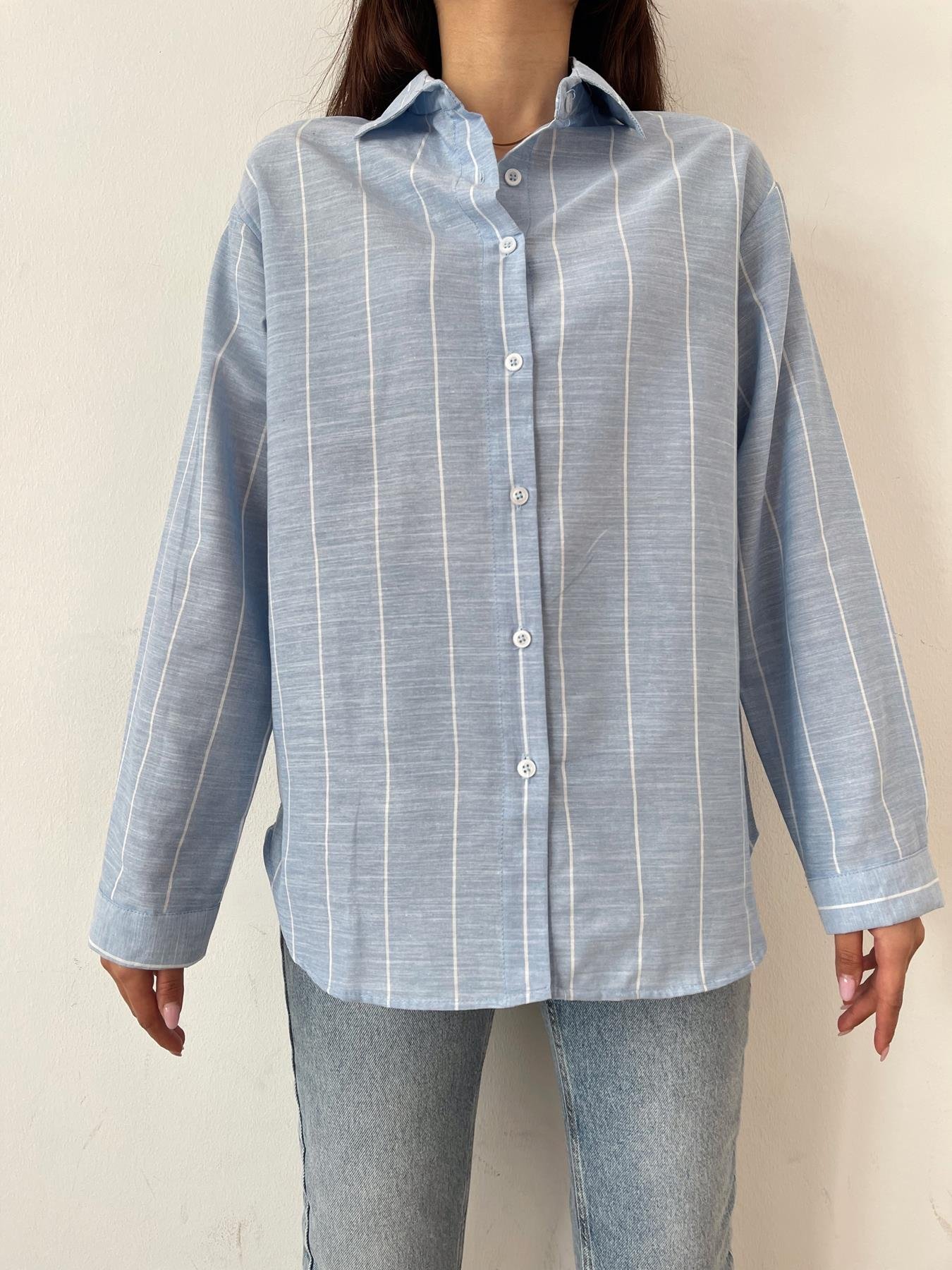 Çizgili Keten Gömlek MAVİ