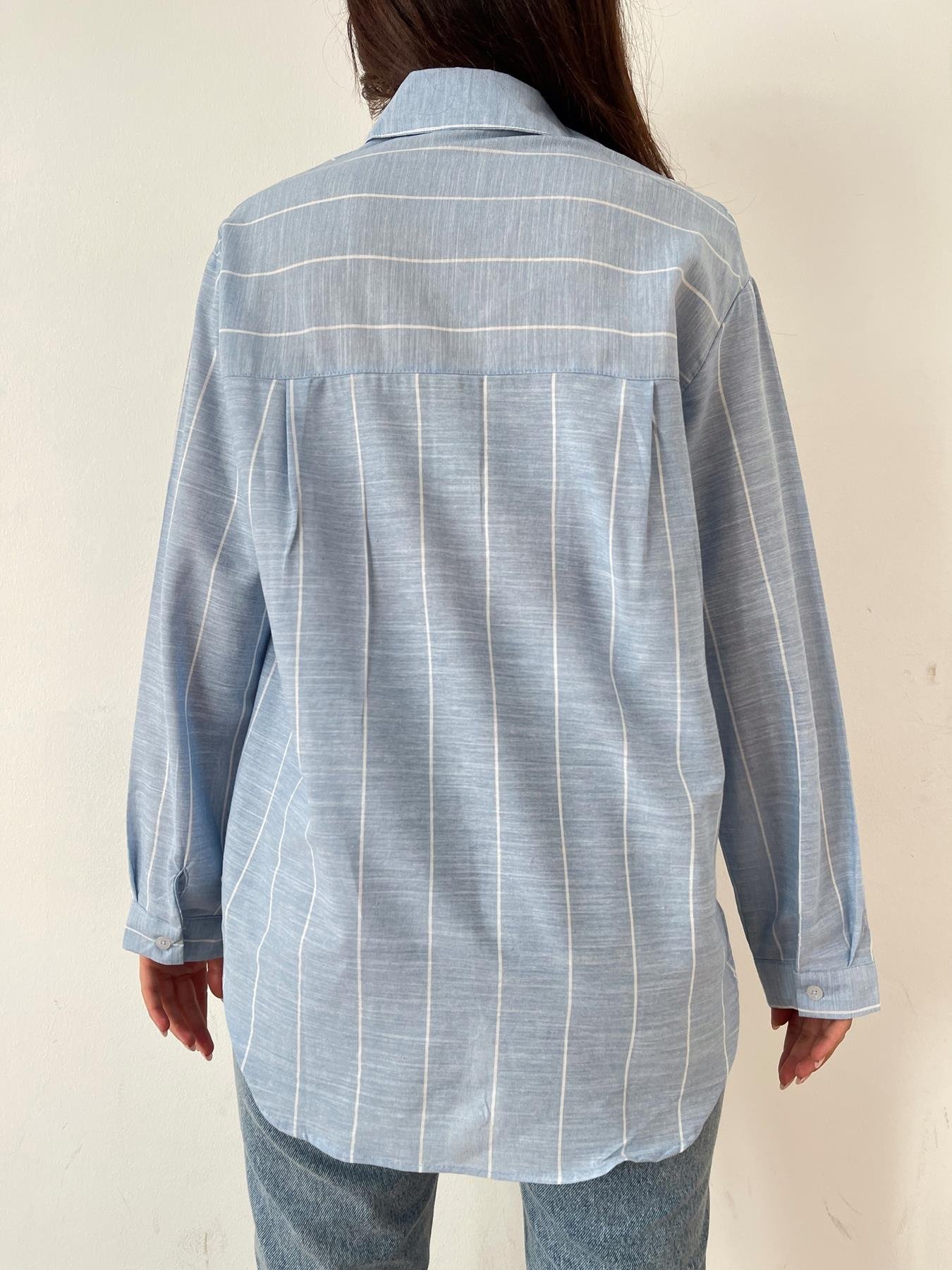 Çizgili Keten Gömlek MAVİ