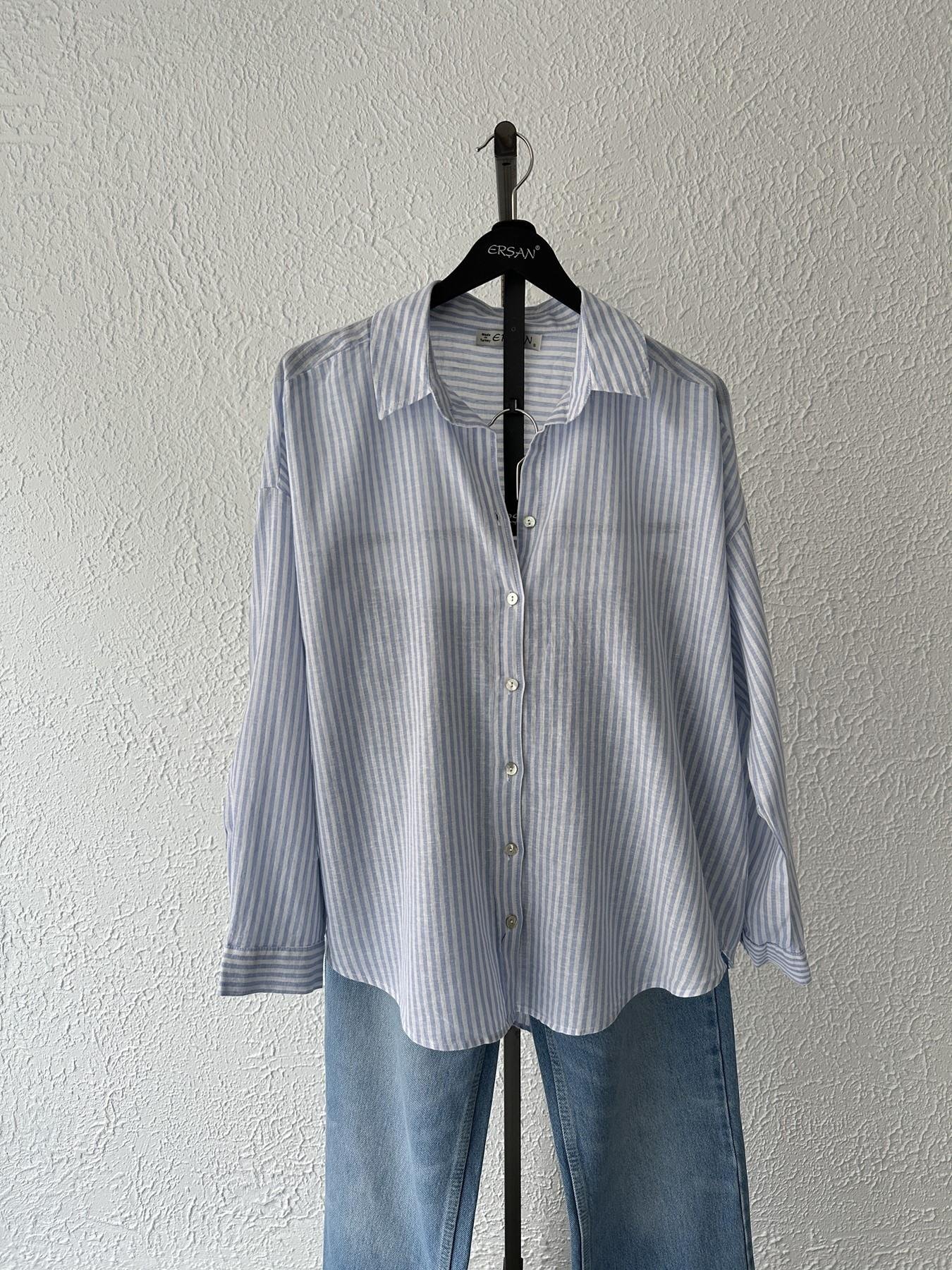 Çizgili Keten Gömlek Mavi-beyaz