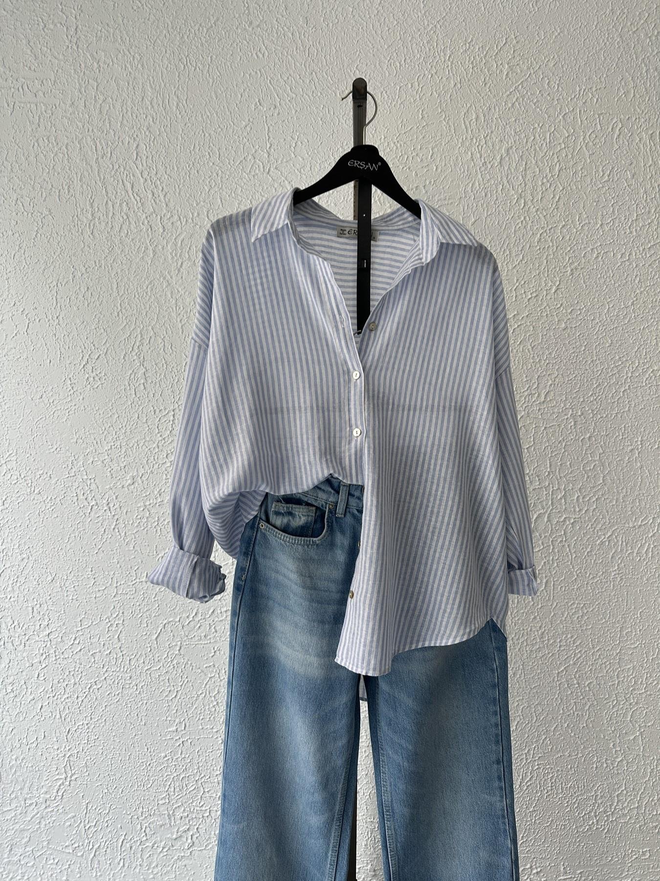 Çizgili Keten Gömlek Mavi-beyaz