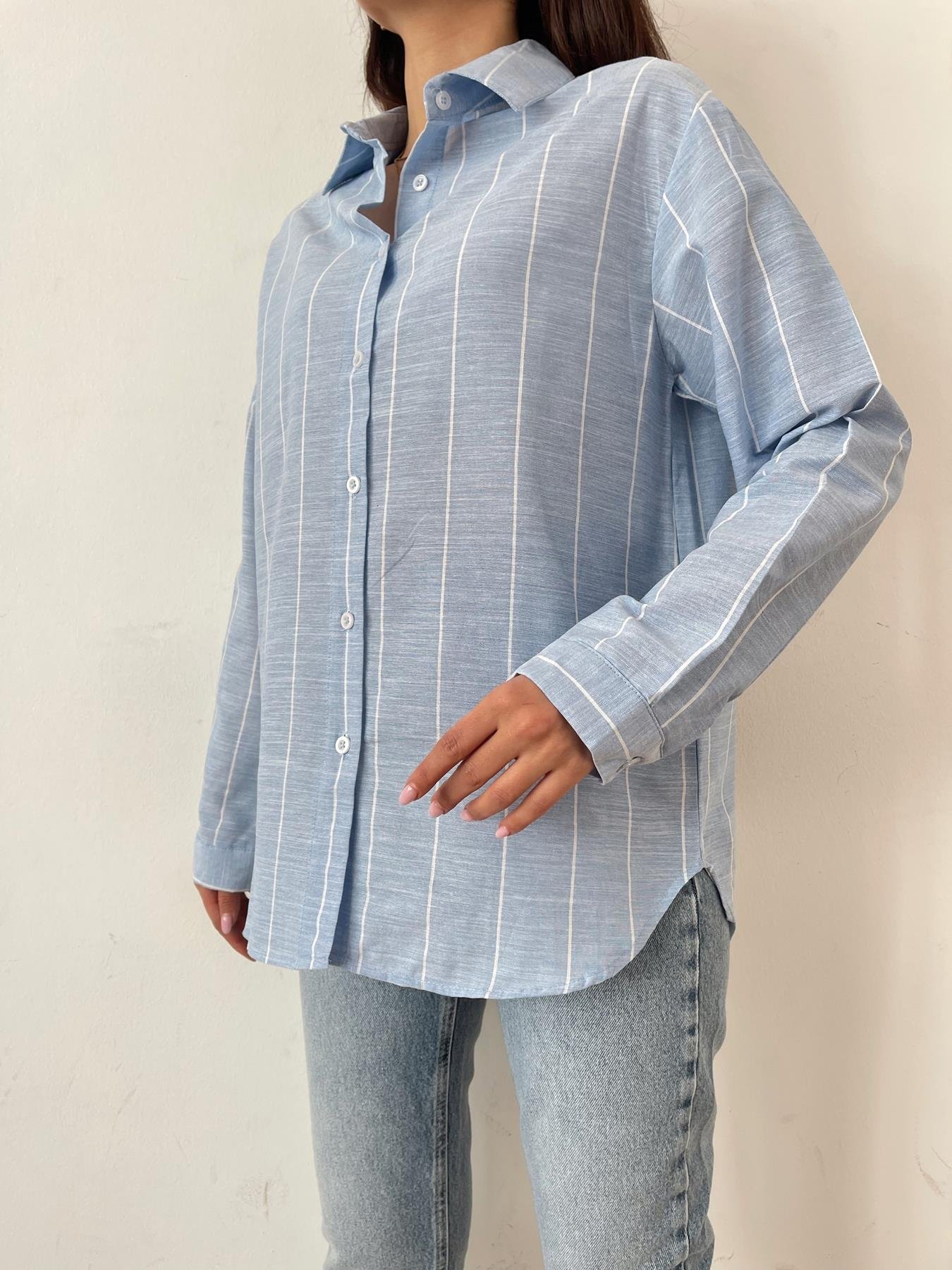Çizgili Keten Gömlek MAVİ